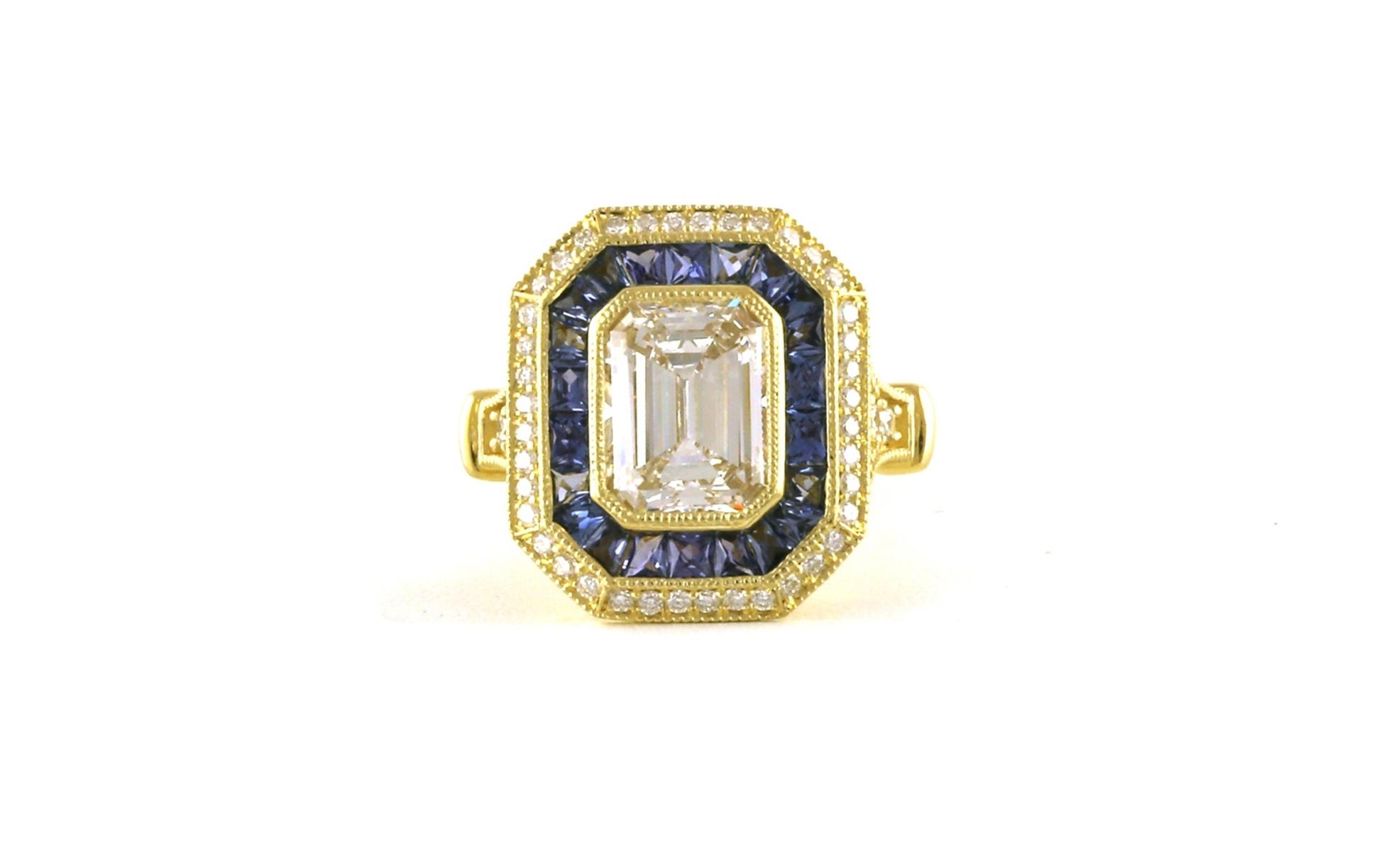 Double Halo Emerald-cut Diamond and Montana Yogo Sapphire Cocktail Ring with Hand Engraving in Yellow Gold (3.88cts TWT)