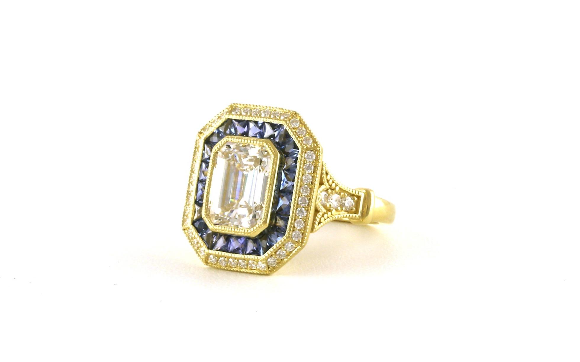Double Halo Emerald-cut Diamond and Montana Yogo Sapphire Cocktail Ring with Hand Engraving in Yellow Gold (3.88cts TWT) angled