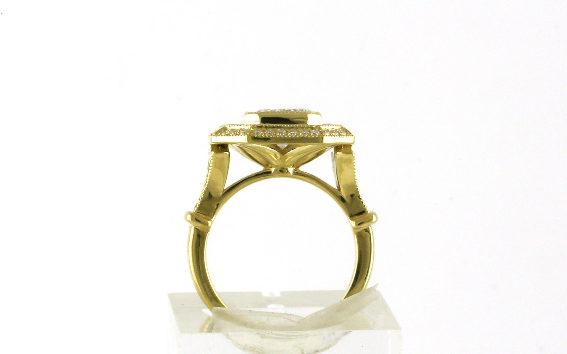 Double Halo Emerald-cut Diamond and Montana Yogo Sapphire Cocktail Ring with Hand Engraving in Yellow Gold (3.88cts TWT) side