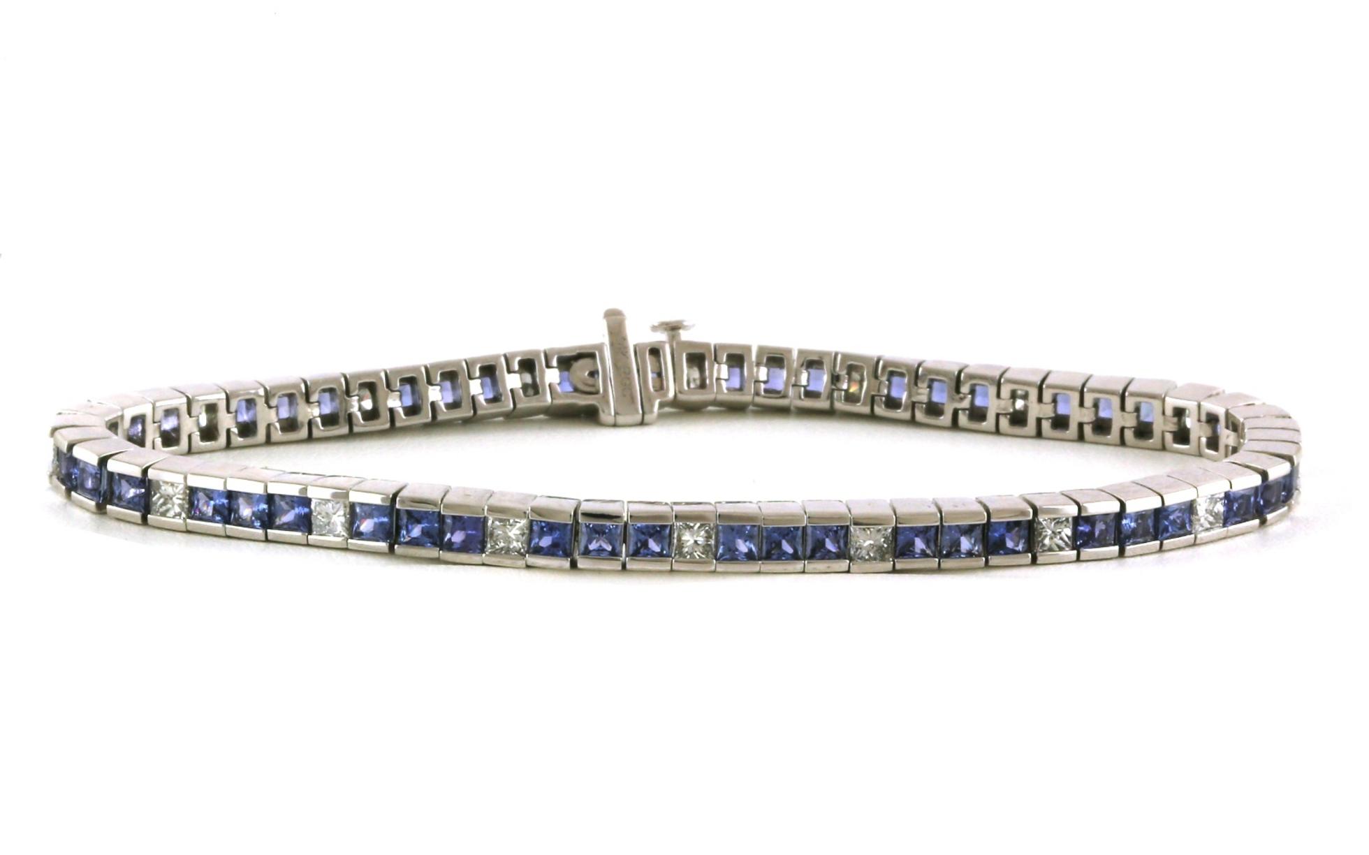 Channel-set Alternating Princess-cut Montana Yogo Sapphire and Diamond Line Bracelet in White Gold (7.38cts TWT)