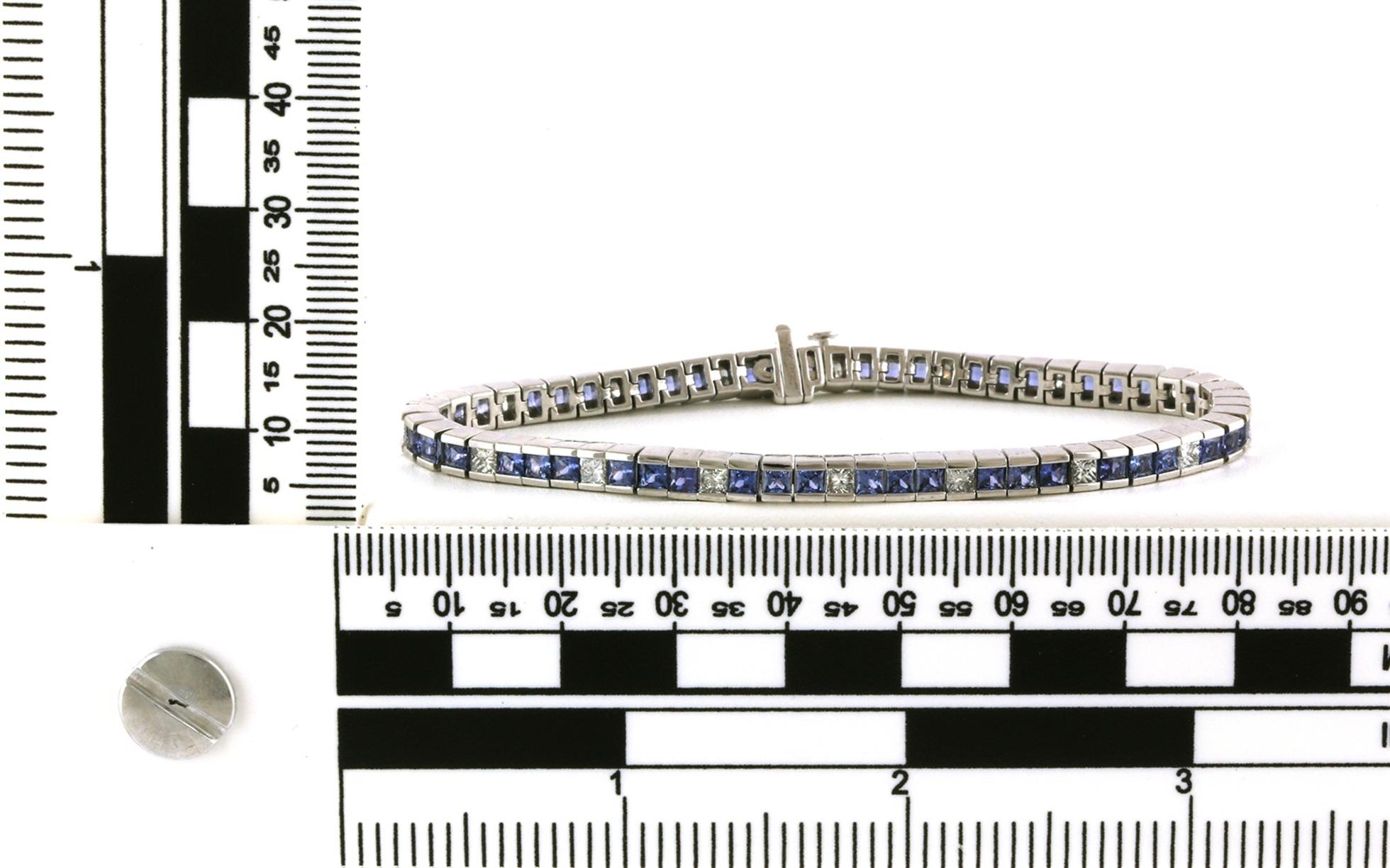 Channel-set Alternating Princess-cut Montana Yogo Sapphire and Diamond Line Bracelet in White Gold (7.38cts TWT) scale