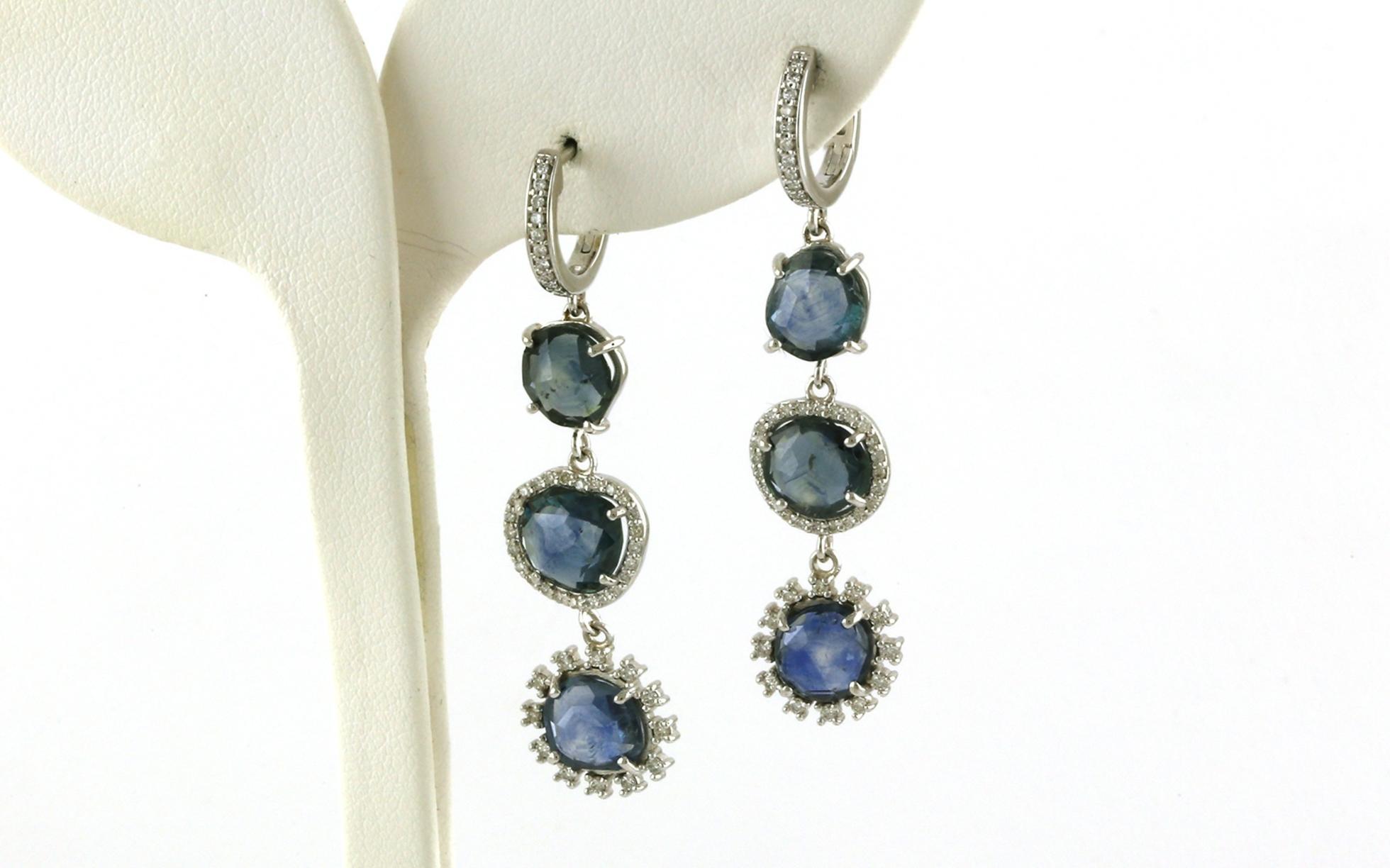 Triple Drop Rose-cut Montana Sapphire and Diamond Dangle Earrings in White Gold (10.26cts TWT)