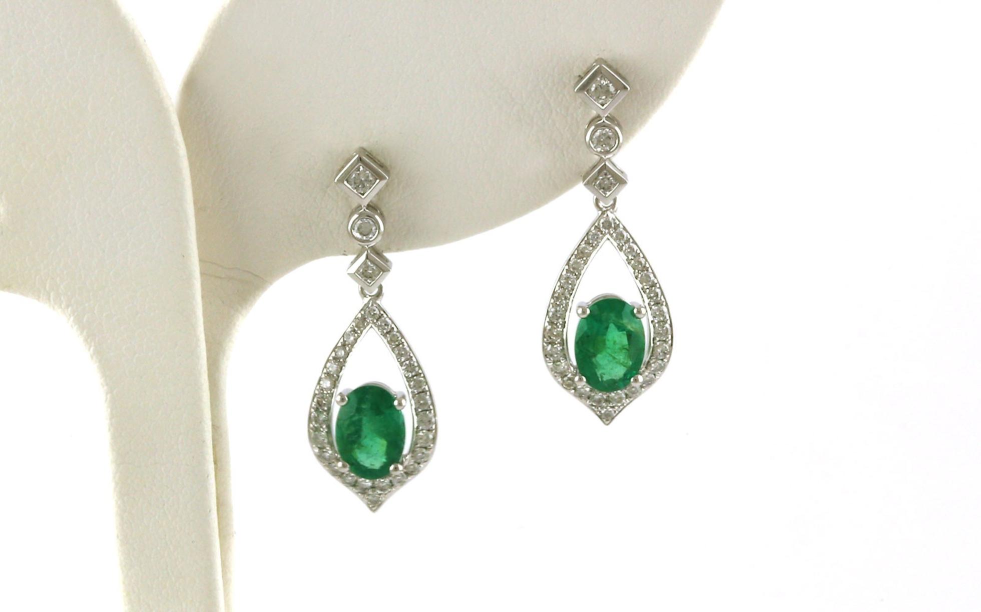 Halo-style Oval-cut Emerald and Diamond Dangle Earrings in White Gold (1.99cts TWT)