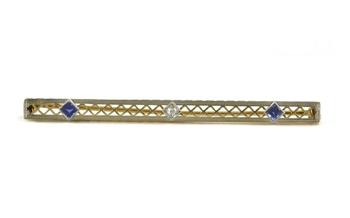 content/products/Estate Piece: Vintage Filigree 3-Stone Montana Yogo Sapphire and Diamond Pin in Platinum and Yellow Gold (0.35cts TWT)