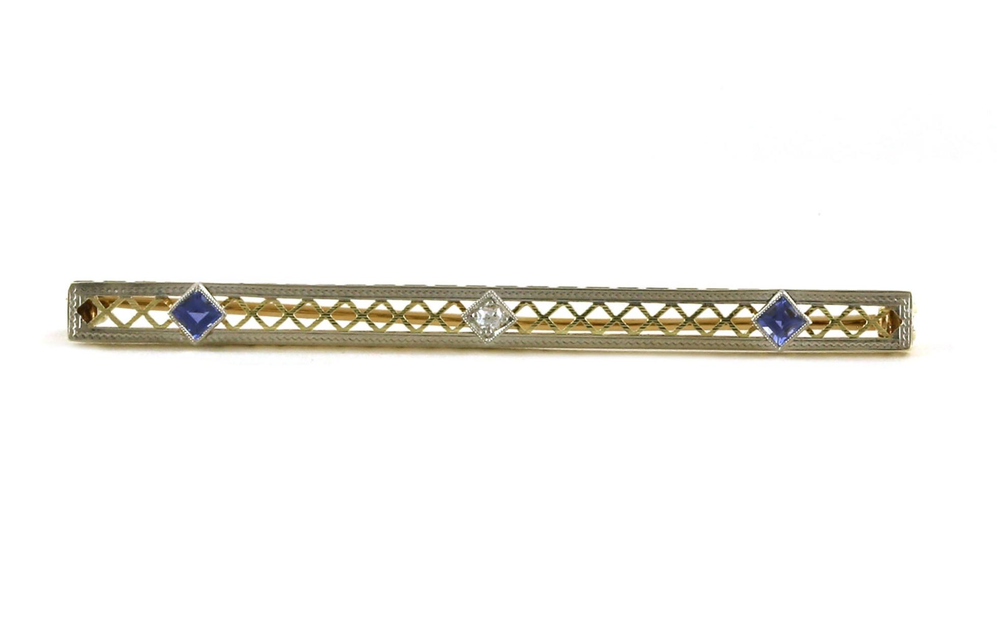 Estate Piece: Vintage Filigree 3-Stone Montana Yogo Sapphire and Diamond Pin in Platinum and Yellow Gold (0.35cts TWT)