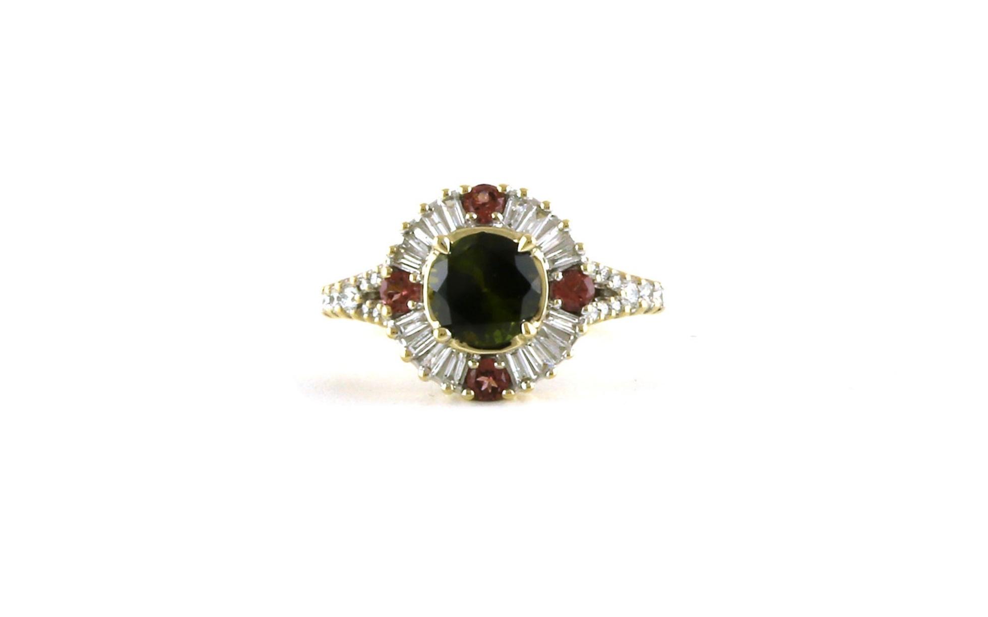 Estate Piece: Ballerina-style Cluster Green and Pink Tourmaline and Diamond Ring in Yellow Gold (2.88cts TWT)
