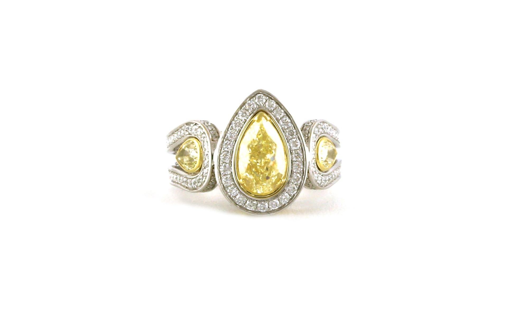 Estate Piece: 3-Stone Halo-style Pear-cut Yellow and White Diamond Ring in Two-tone White and Yellow (0.97cts TWT)