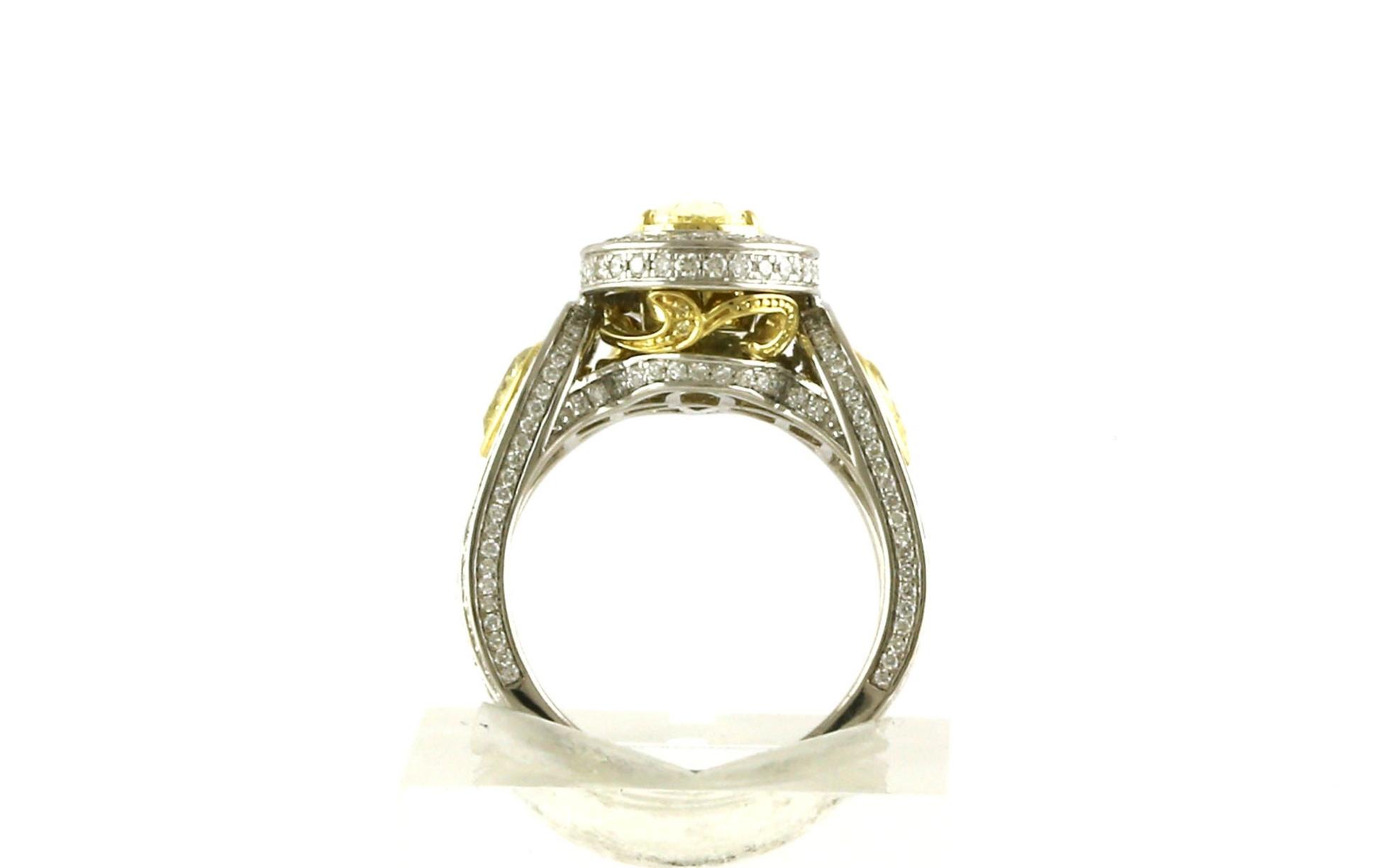 Estate Piece: 3-Stone Halo-style Pear-cut Yellow and White Diamond Ring in Two-tone White and Yellow (0.97cts TWT) side