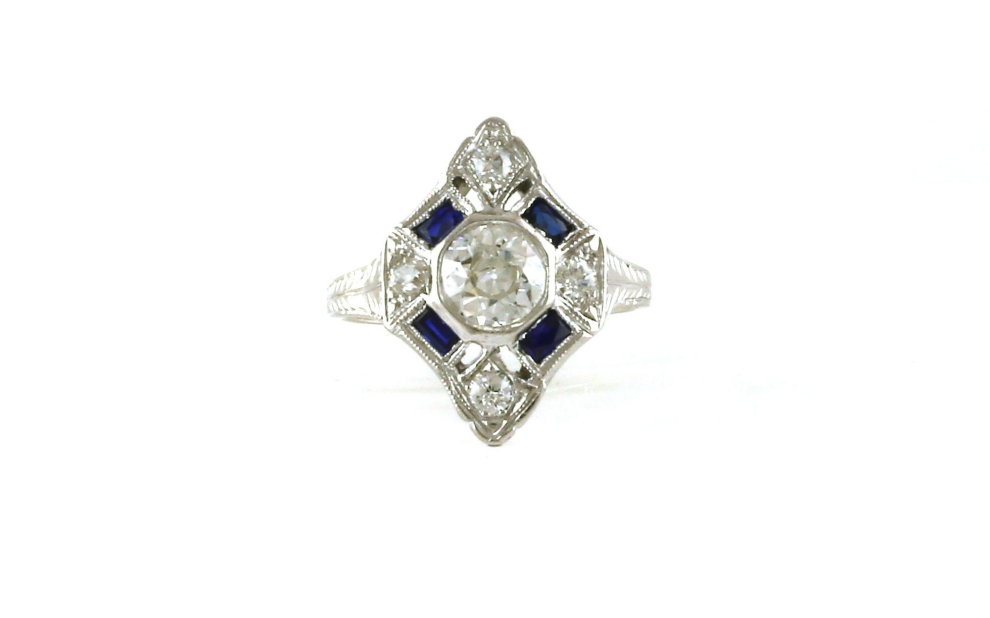 Estate Piece: Art Deco-style Diamond and Synthetic Sapphire Cocktail Ring in White Gold (1.40cts TWT)