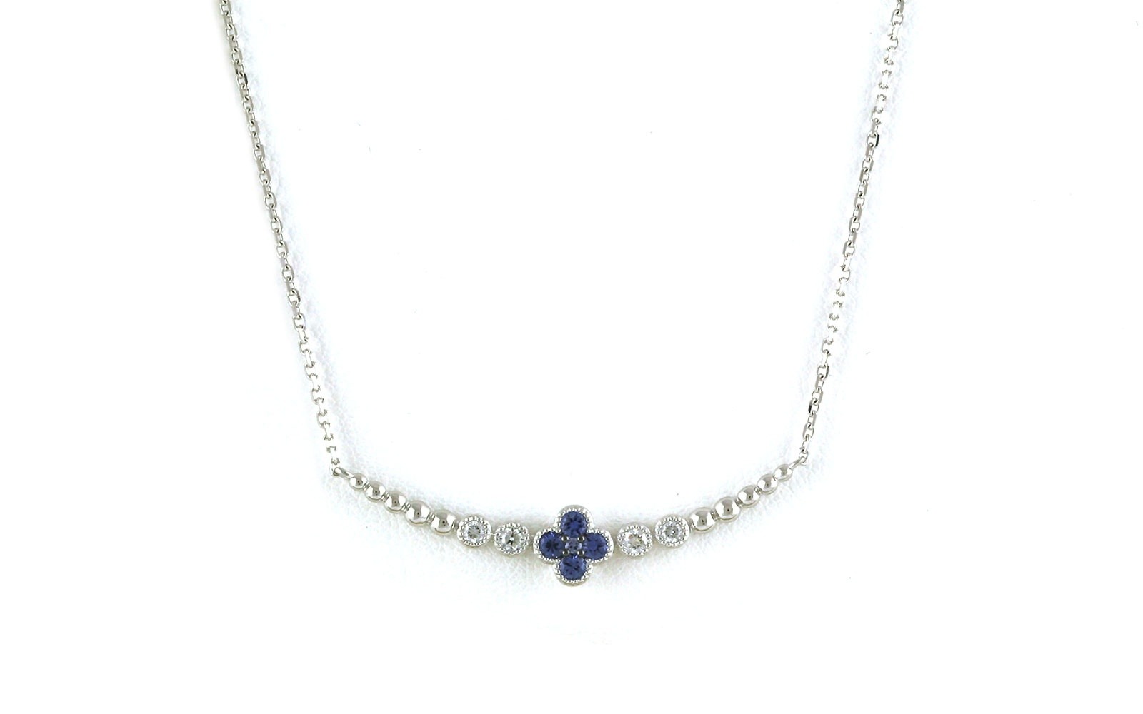 Curved Bar Flower Montana Yogo Sapphire and Diamond Split Chain Necklace in White Gold (0.37cts TWT)