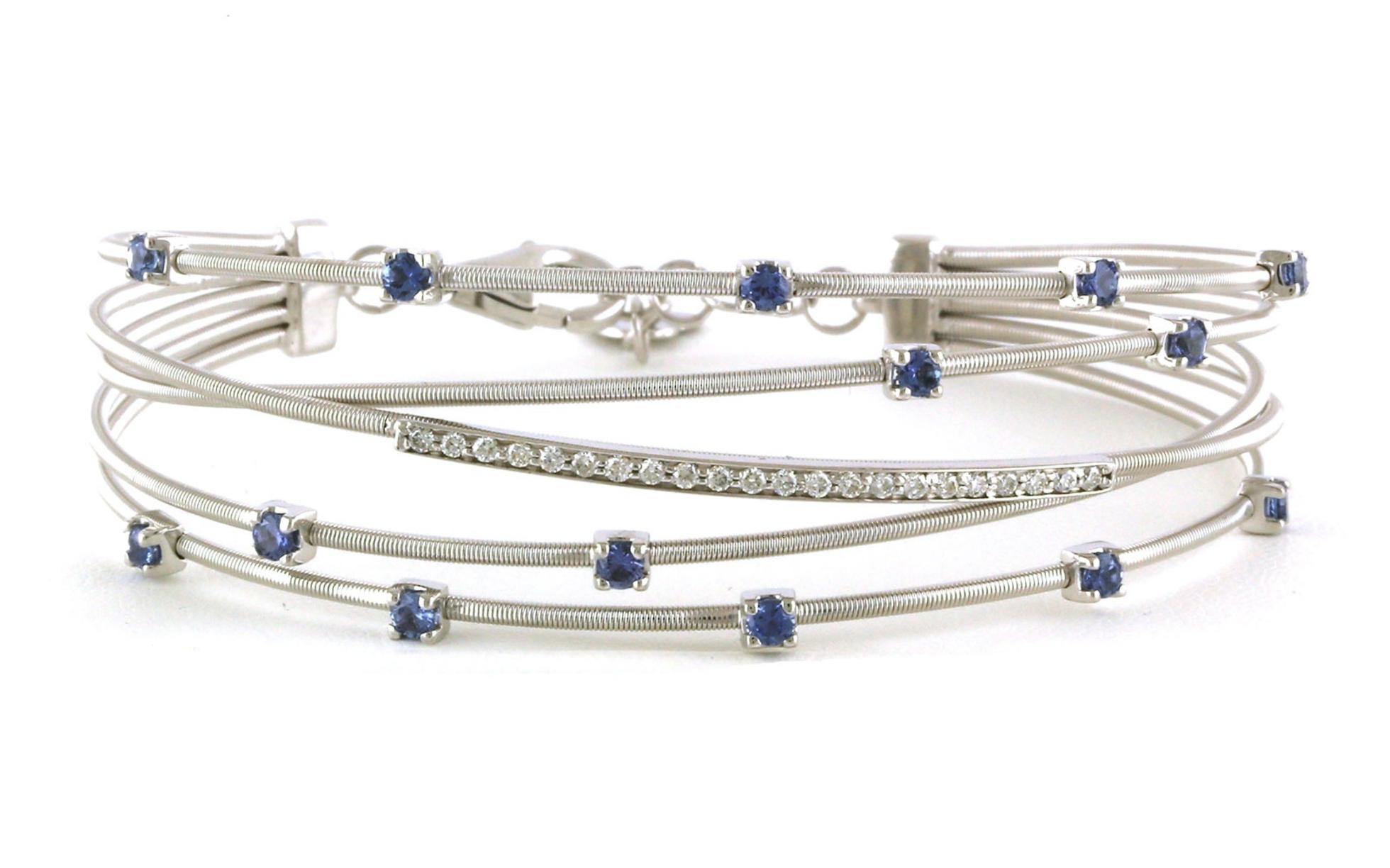 Wide Overlapping Montana Yogo Sapphire and Diamond Flexible Bangle Bracelet in White Gold (1.08cts TWT)