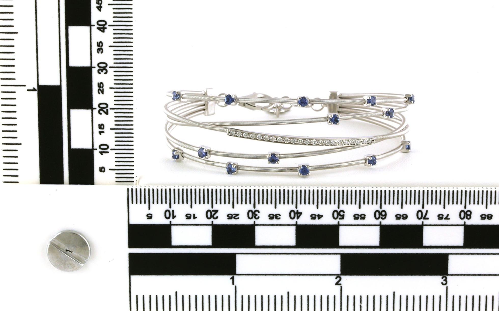 Wide Overlapping Montana Yogo Sapphire and Diamond Flexible Bangle Bracelet in White Gold (1.08cts TWT) Scale