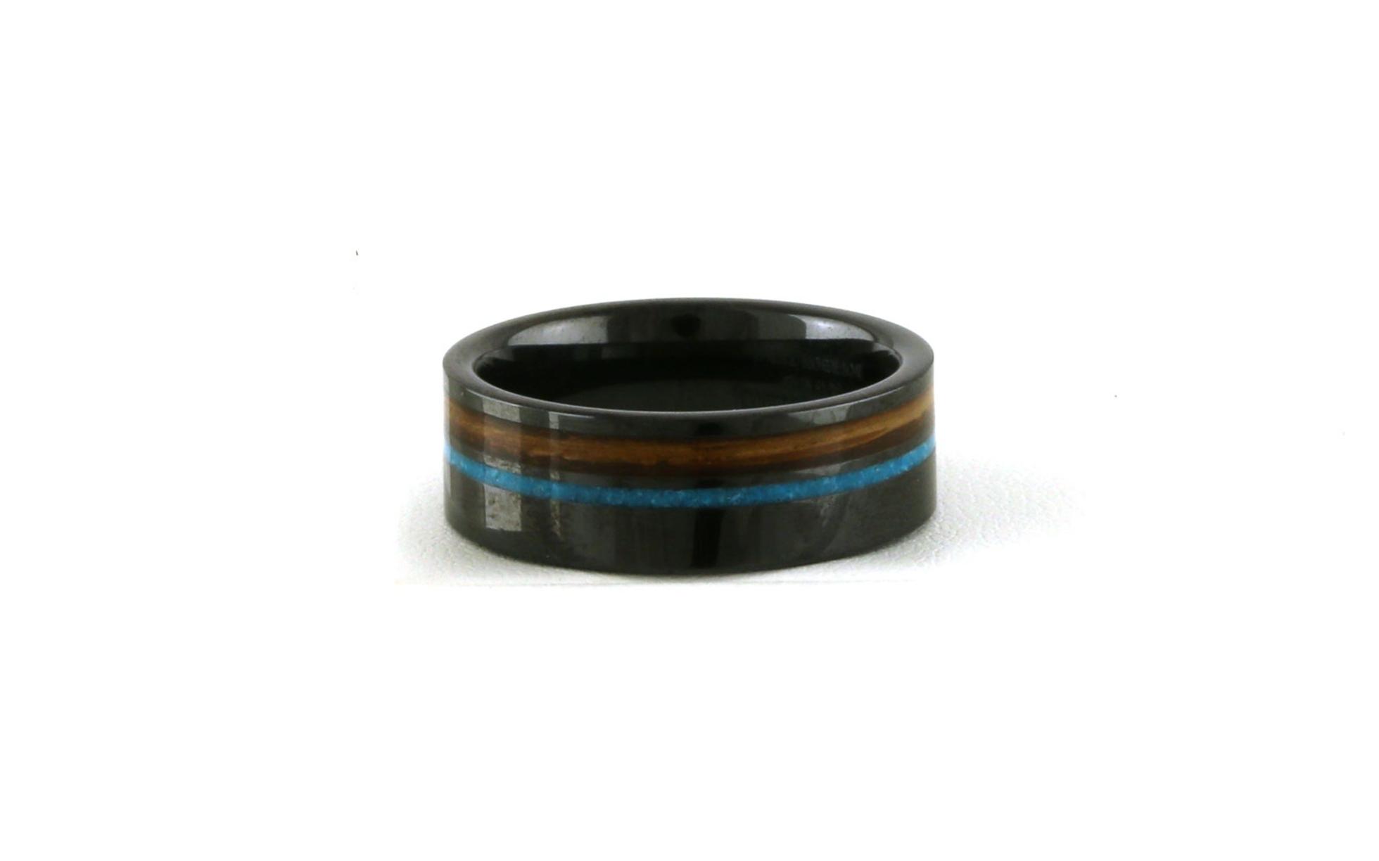 Flat Comfort Fit Turquoise and Wood Inlay Wedding Band in Black Ceramic (sz 10.5)
