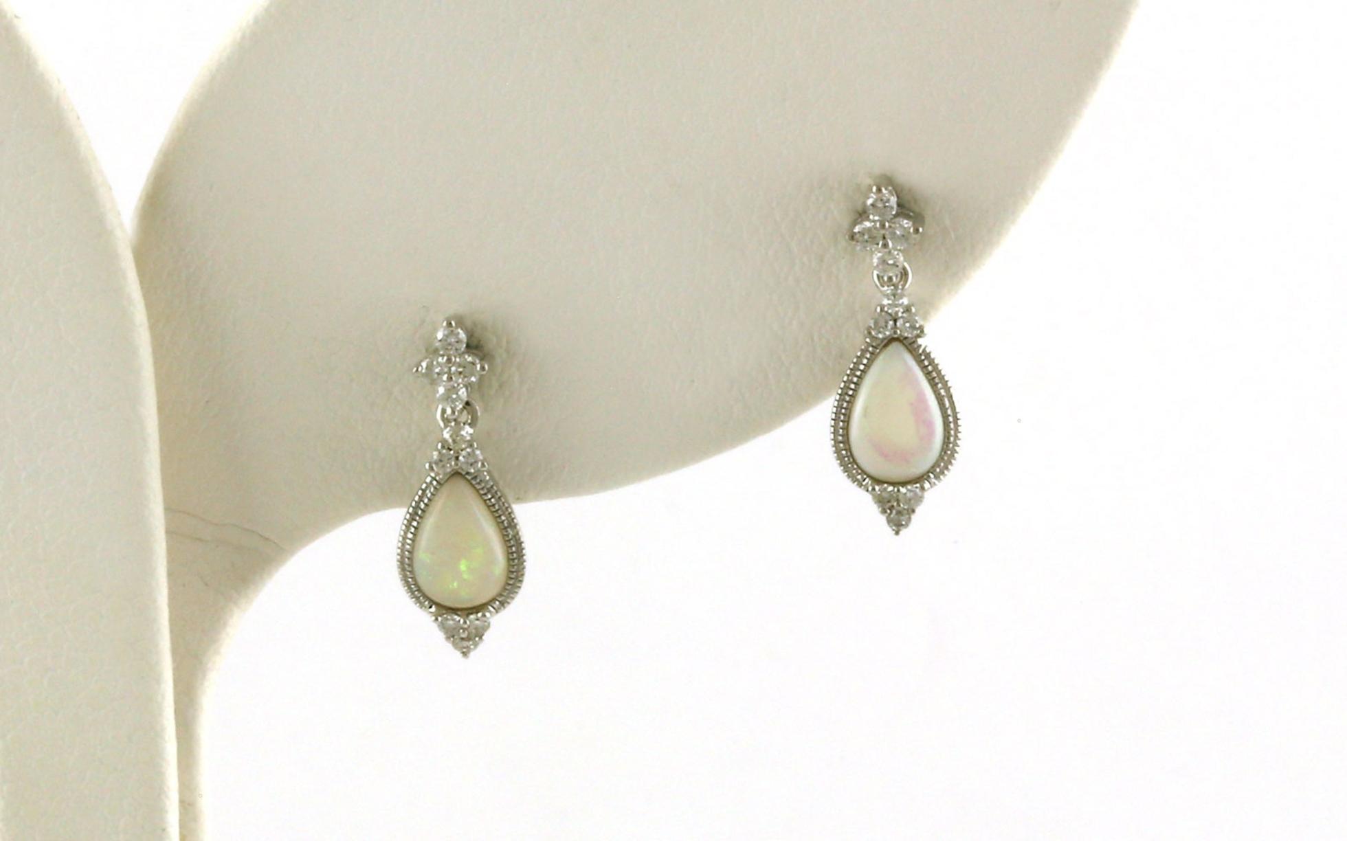Cluster Halo Drop Stud Opal and Diamond Earrings in White Gold (1.10cts TWT)