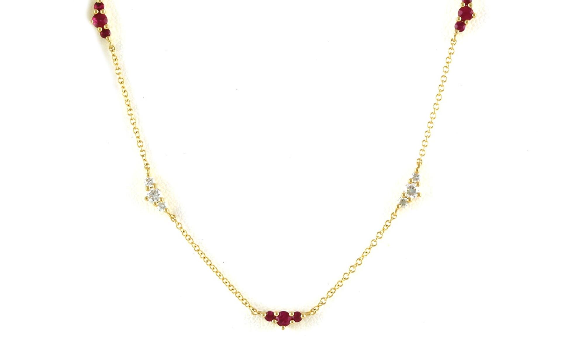 3-Stone Cluster Ruby and Diamond Station Necklace in Yellow Gold (0.58cts TWT)