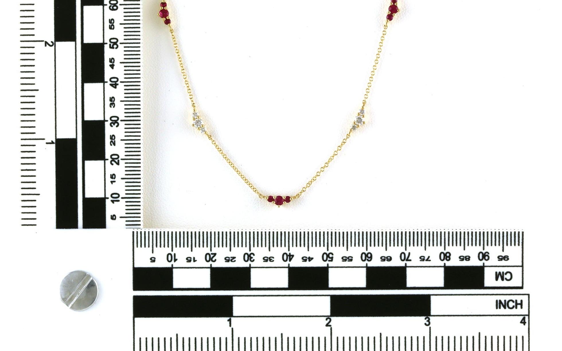3-Stone Cluster Ruby and Diamond Station Necklace in Yellow Gold (0.58cts TWT) Scale