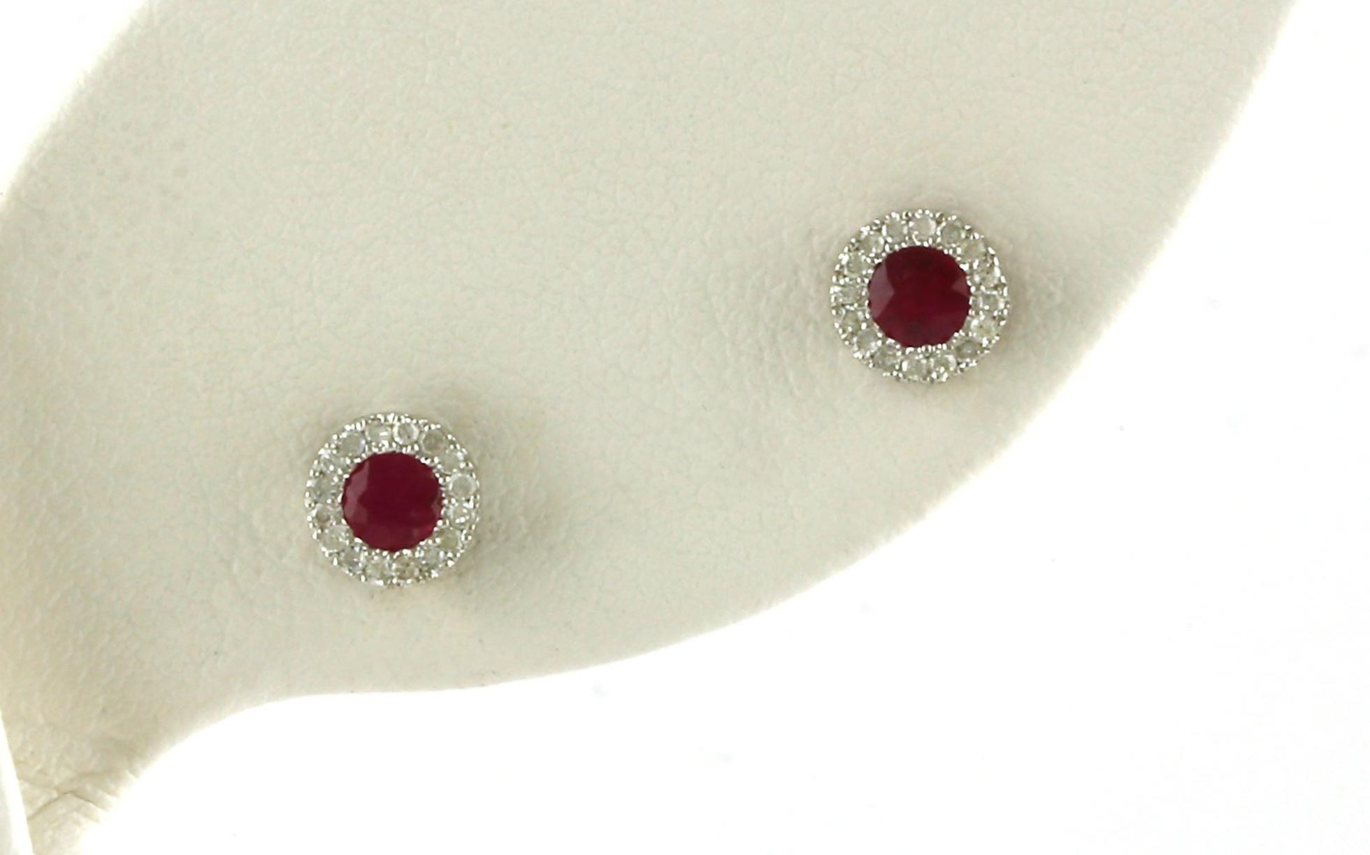 Round Ruby and Diamond Halo Stud Earrings in White Gold (0.37cts TWT)