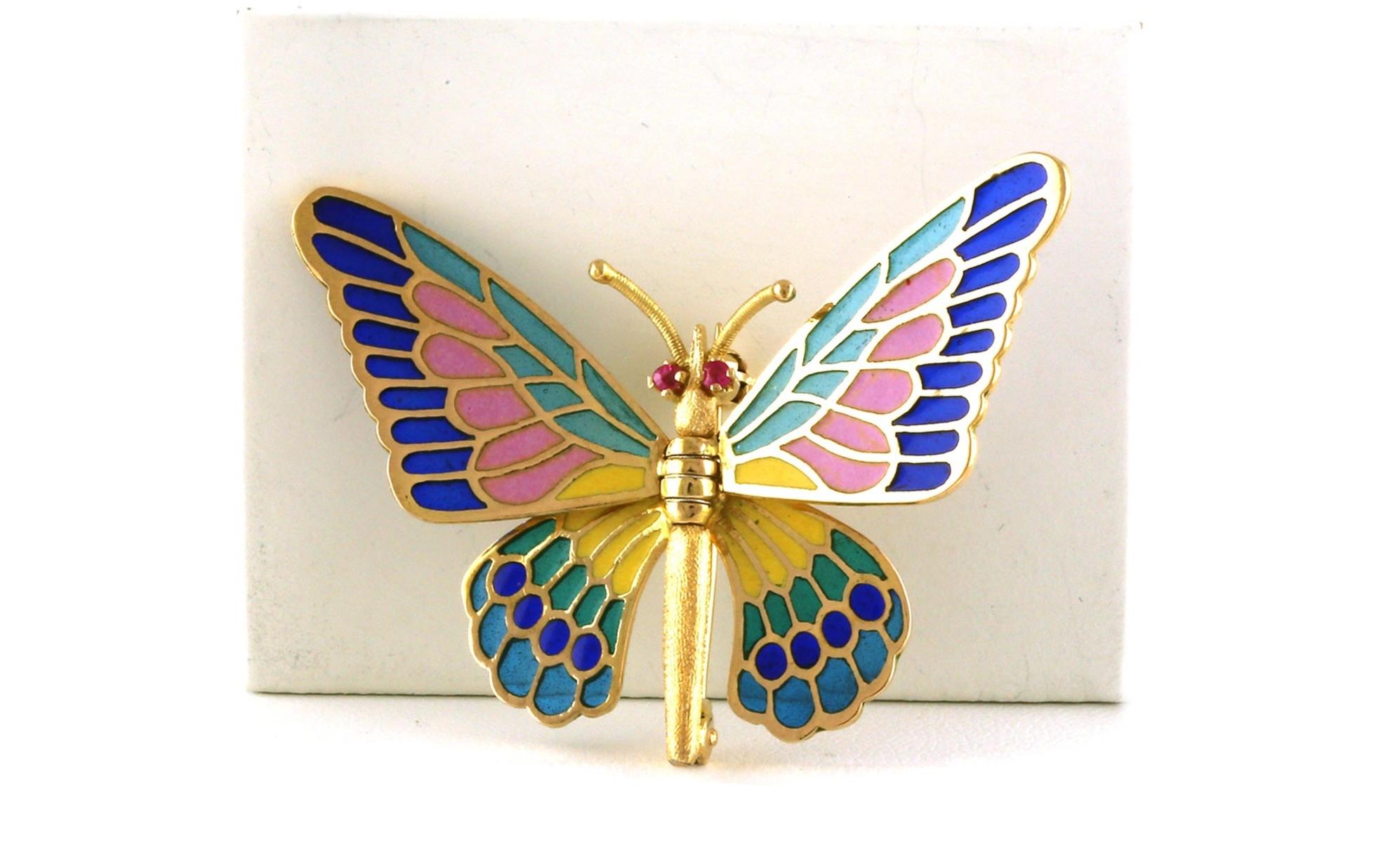 Estate Piece: Multicolored Enamel Butterfly Pin in Yellow Gold