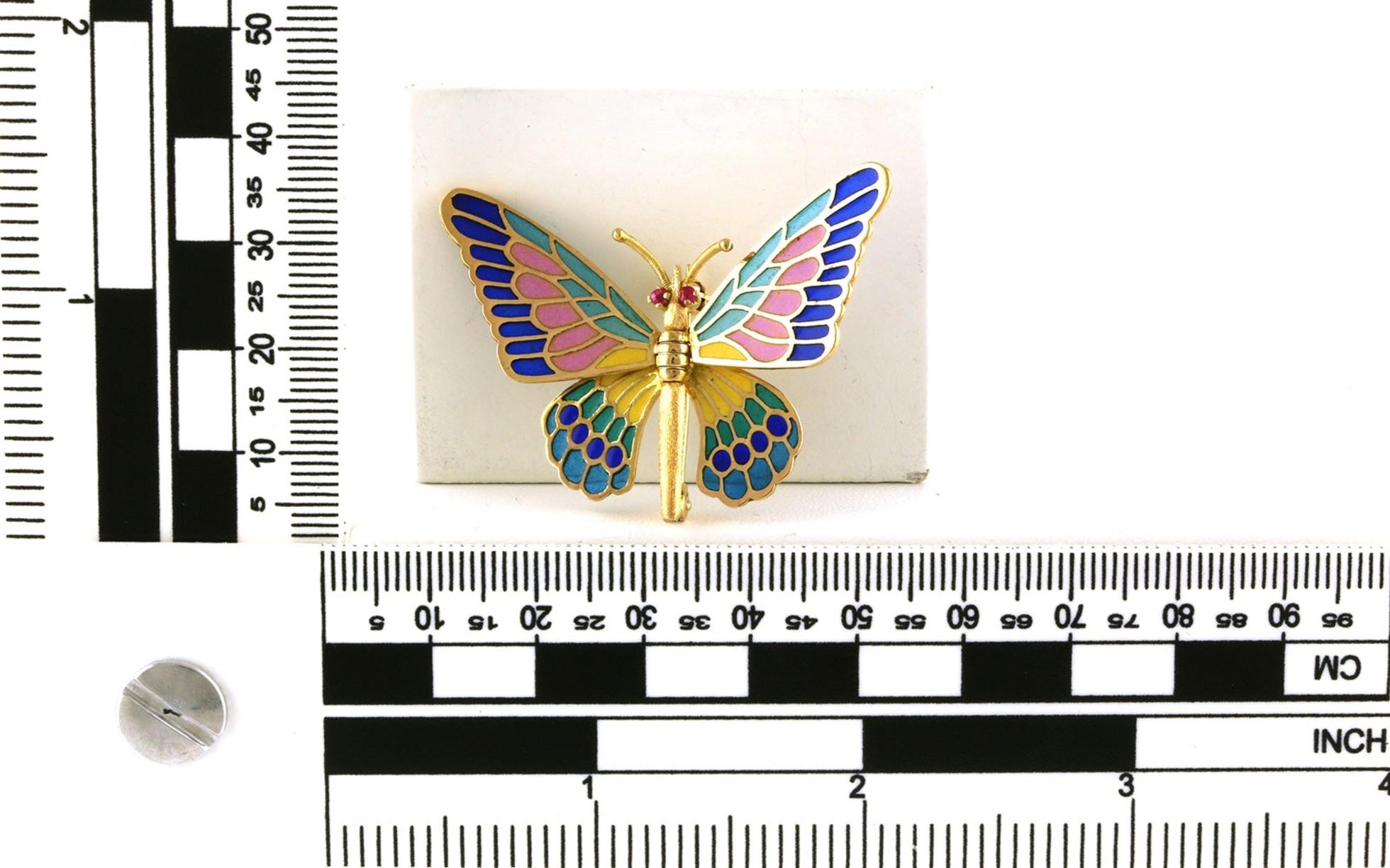 Estate Piece: Multicolored Enamel Butterfly Pin in Yellow Gold Scale