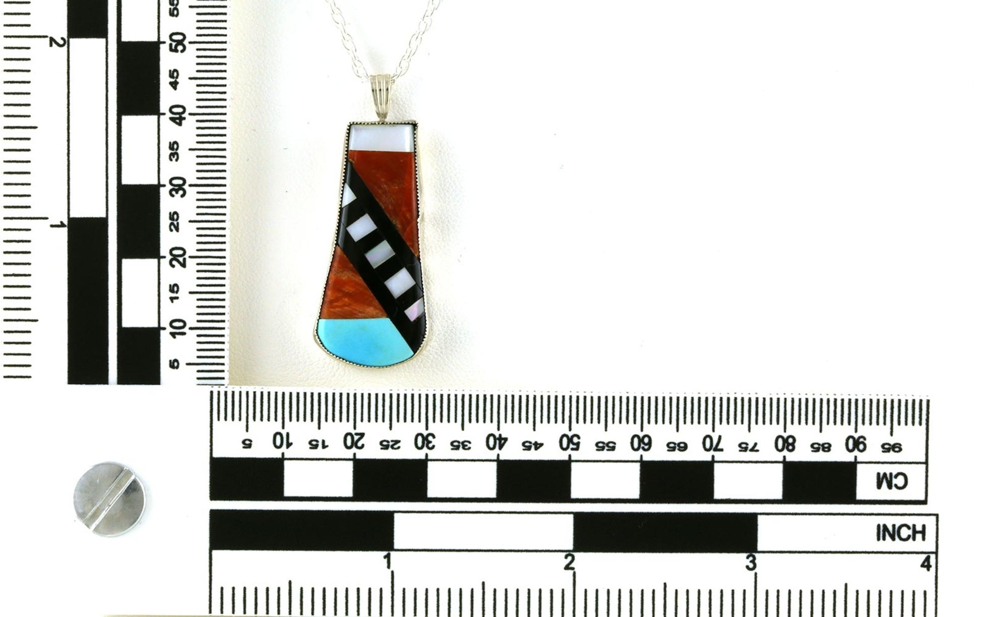 Estate Piece: Turquoise, Onyx, Mother of Pearl, and Coral Colorblock Drop Necklace Scale
