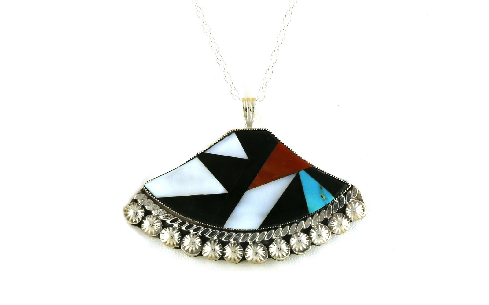 Estate Piece: Turquoise, Onyx, Mother of Pearl, and Coral Colorblock Drop Necklace