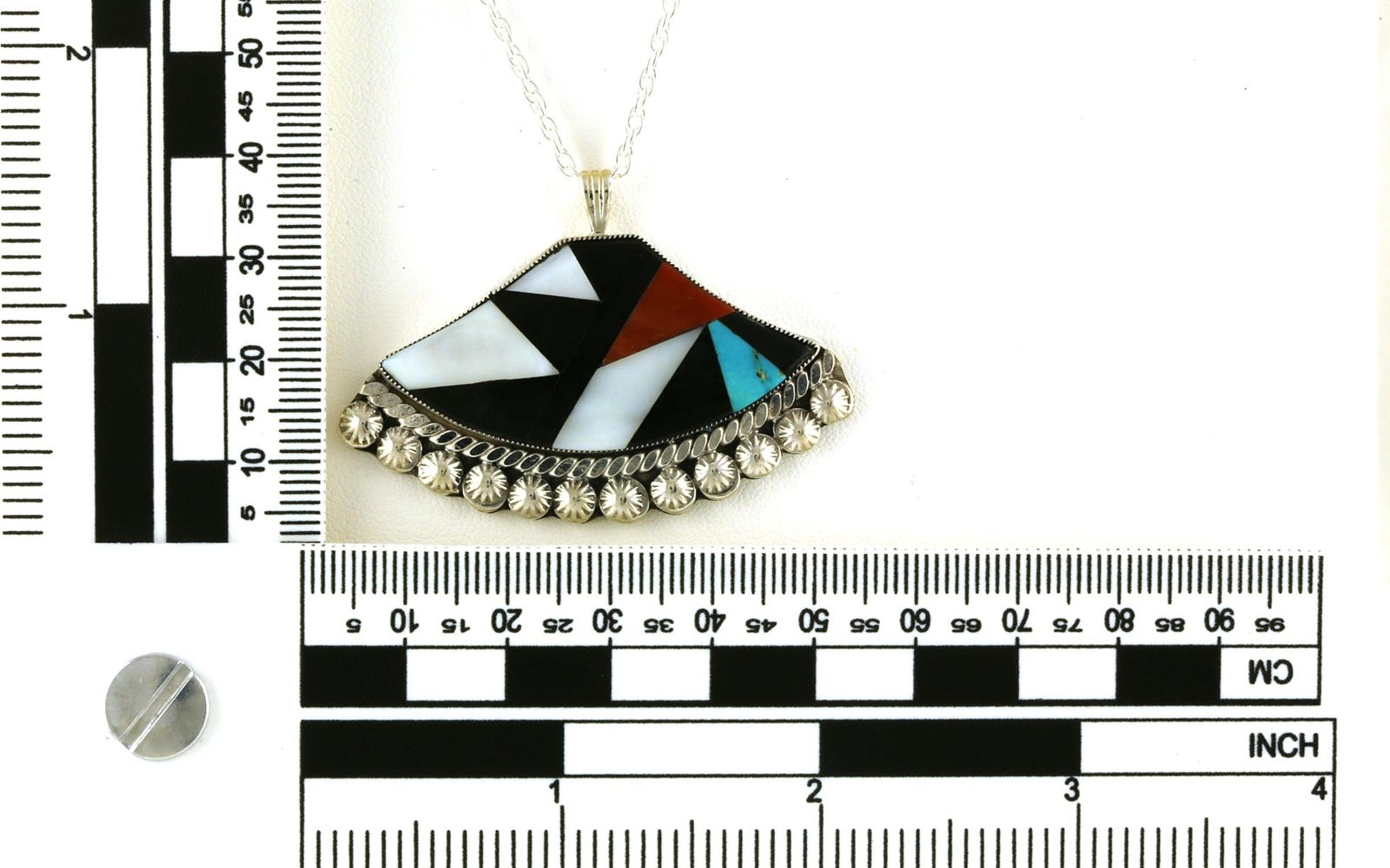 Estate Piece: Turquoise, Onyx, Mother of Pearl, and Coral Colorblock Drop Necklace Scale