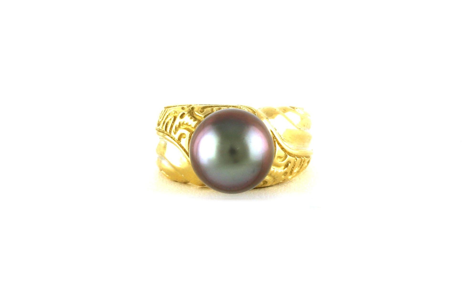 Estate Piece: Tahitian Pearl Engraved Solitaire Ring in Yellow Gold