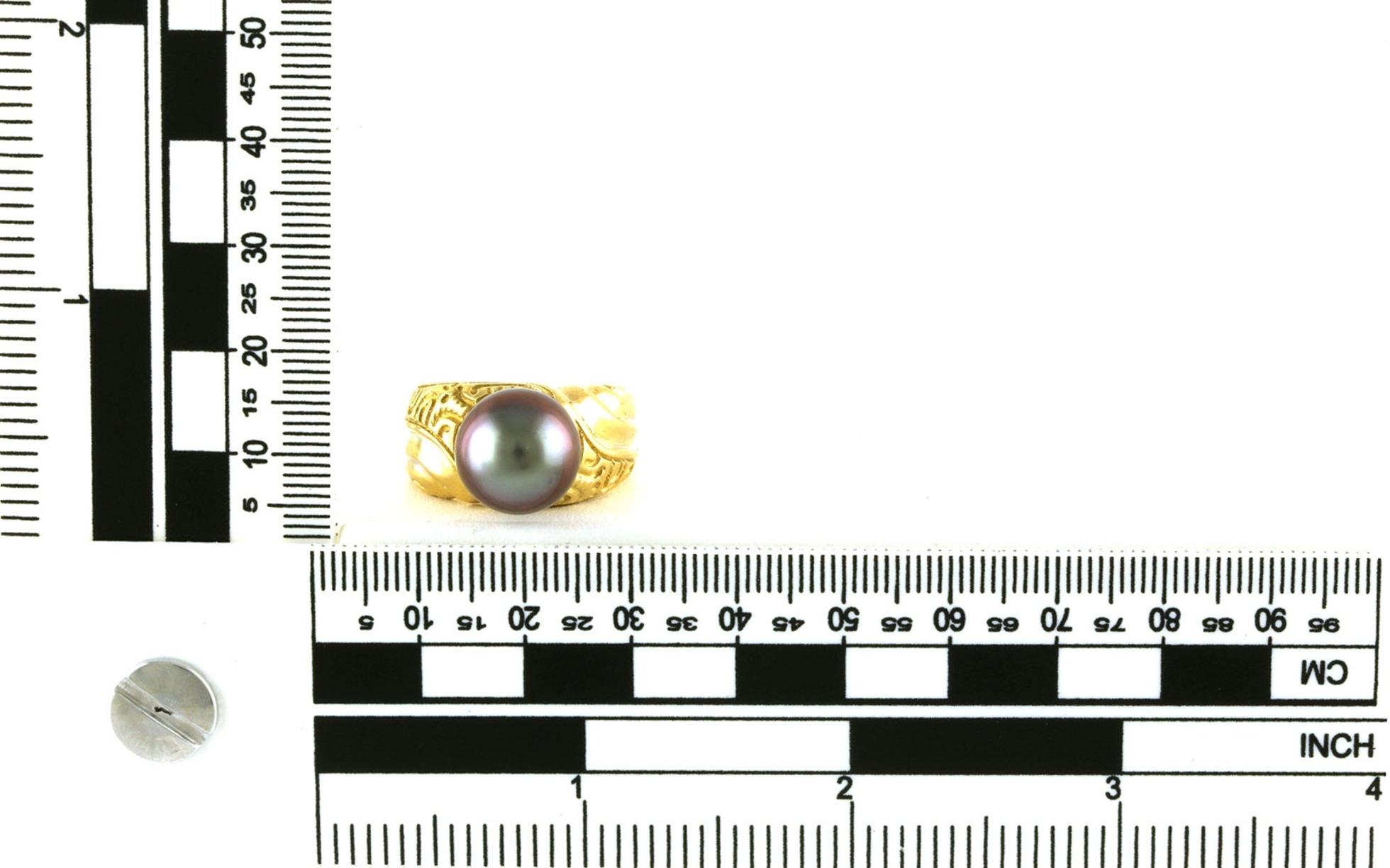 Estate Piece: Tahitian Pearl Engraved Solitaire Ring in Yellow Gold Scale