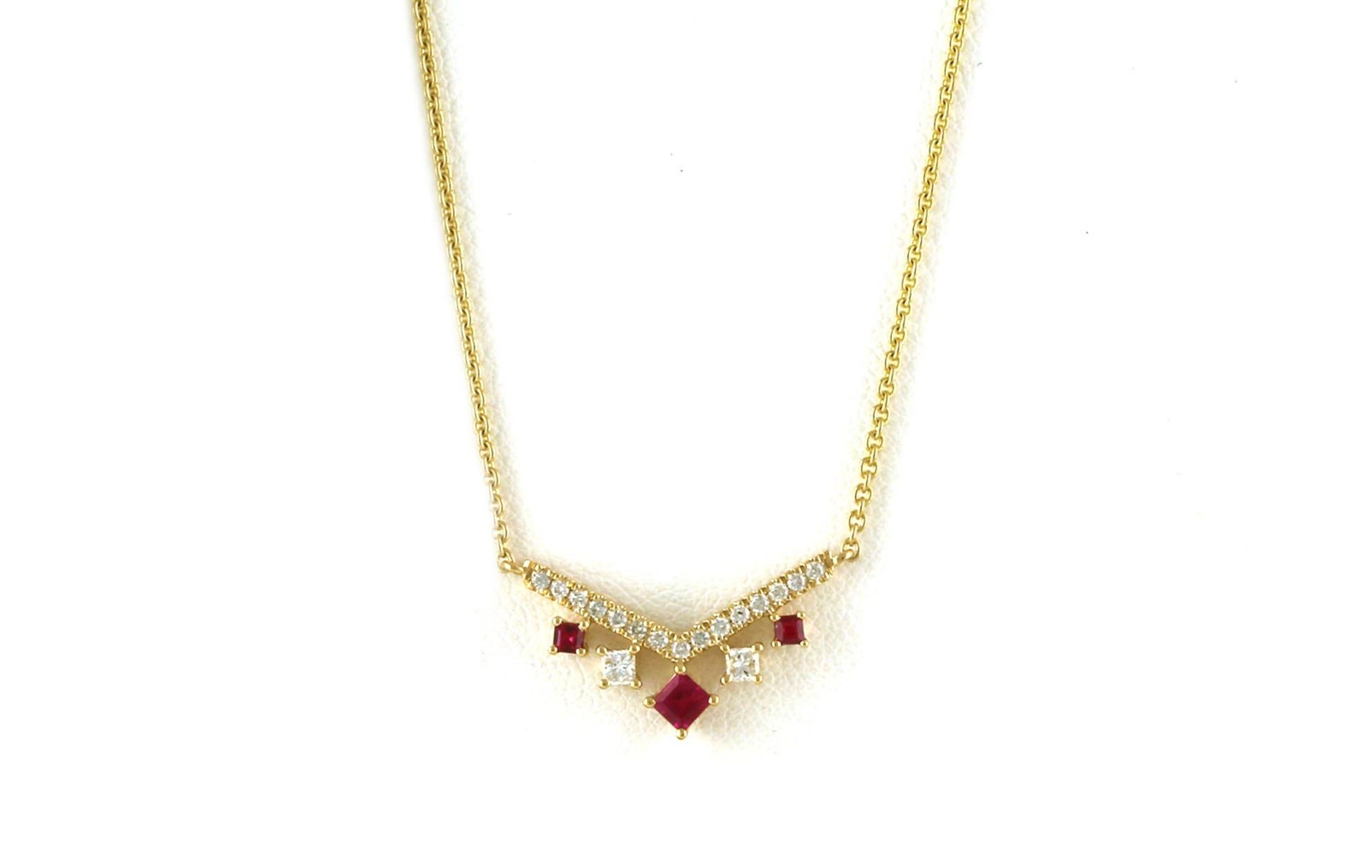 Split Chain Chevron 5-Dangle Ruby and Diamond Necklace in Yellow Gold (0.37cts TWT)