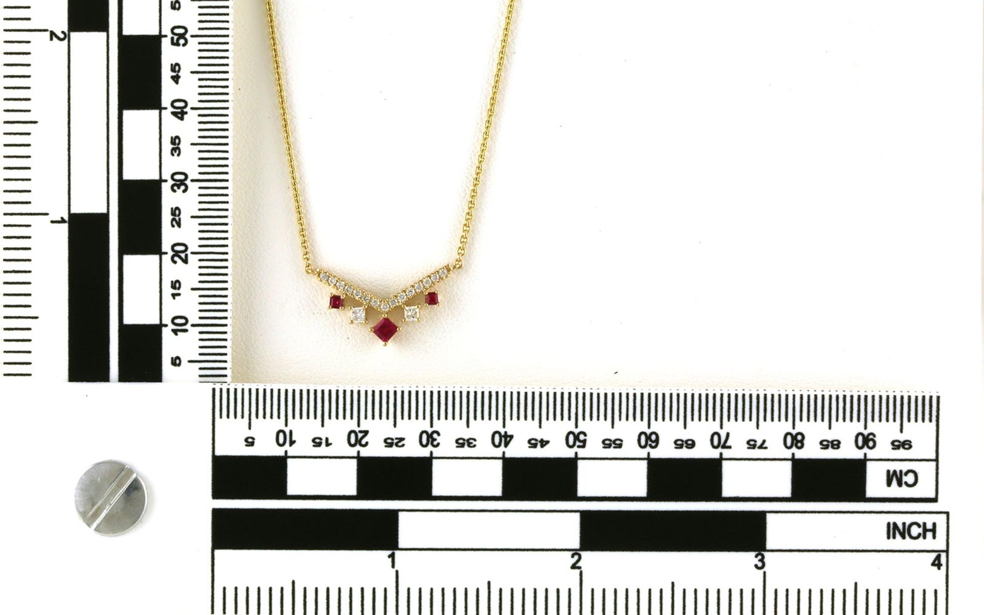 Split Chain Chevron 5-Dangle Ruby and Diamond Necklace in Yellow Gold (0.37cts TWT) Scale