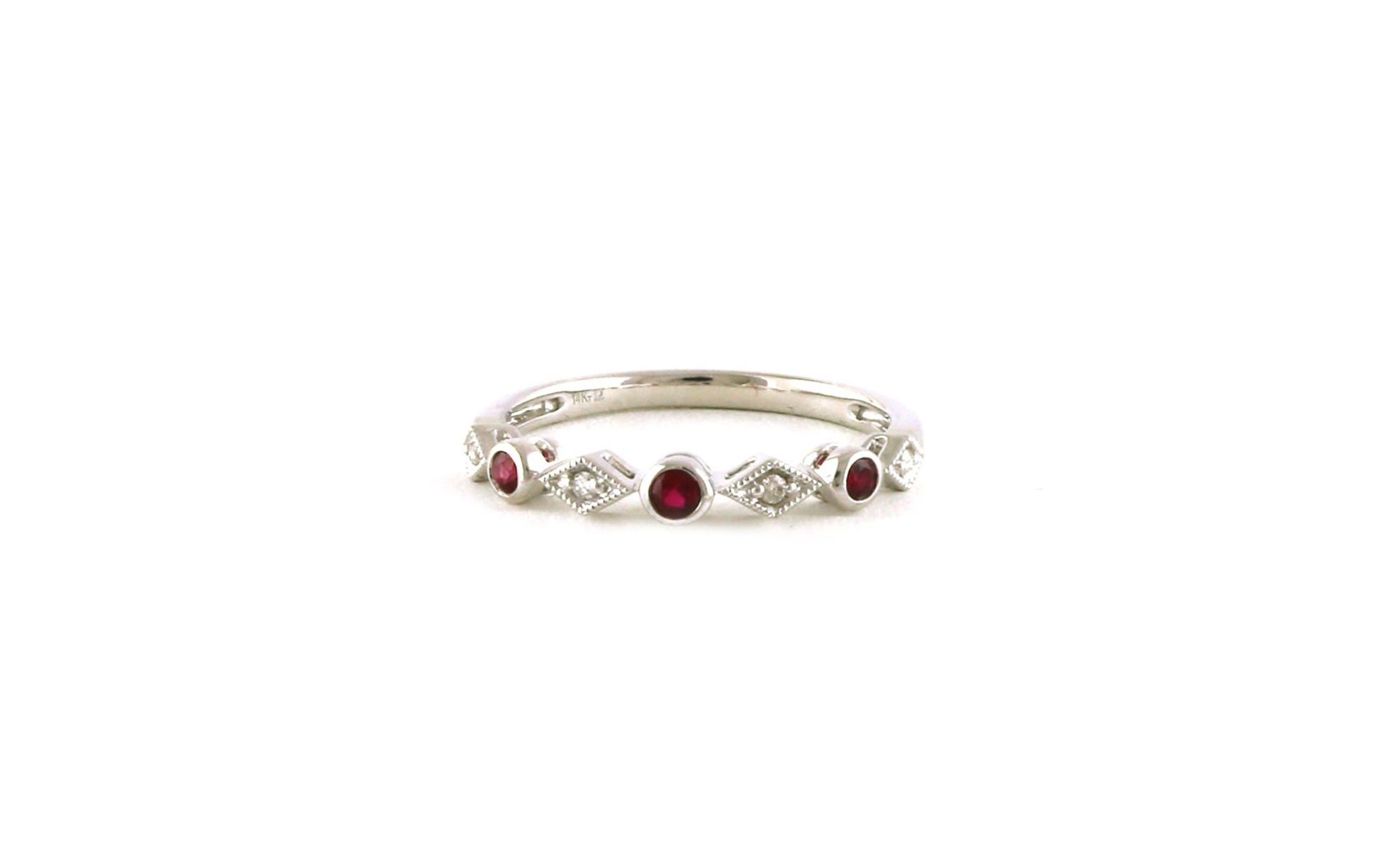 Alternating Diamond and Ruby 7-Stone Milgrain Band in White Gold (0.18cts TWT)