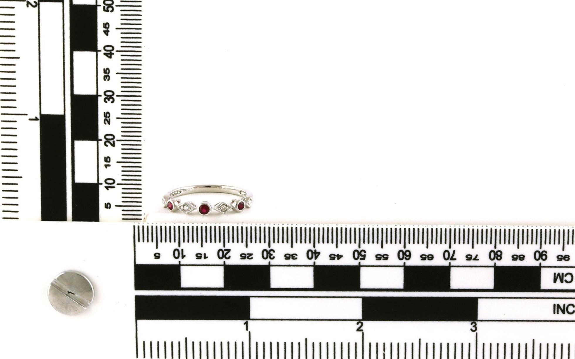 Alternating Diamond and Ruby 7-Stone Milgrain Band in White Gold (0.18cts TWT) Scale
