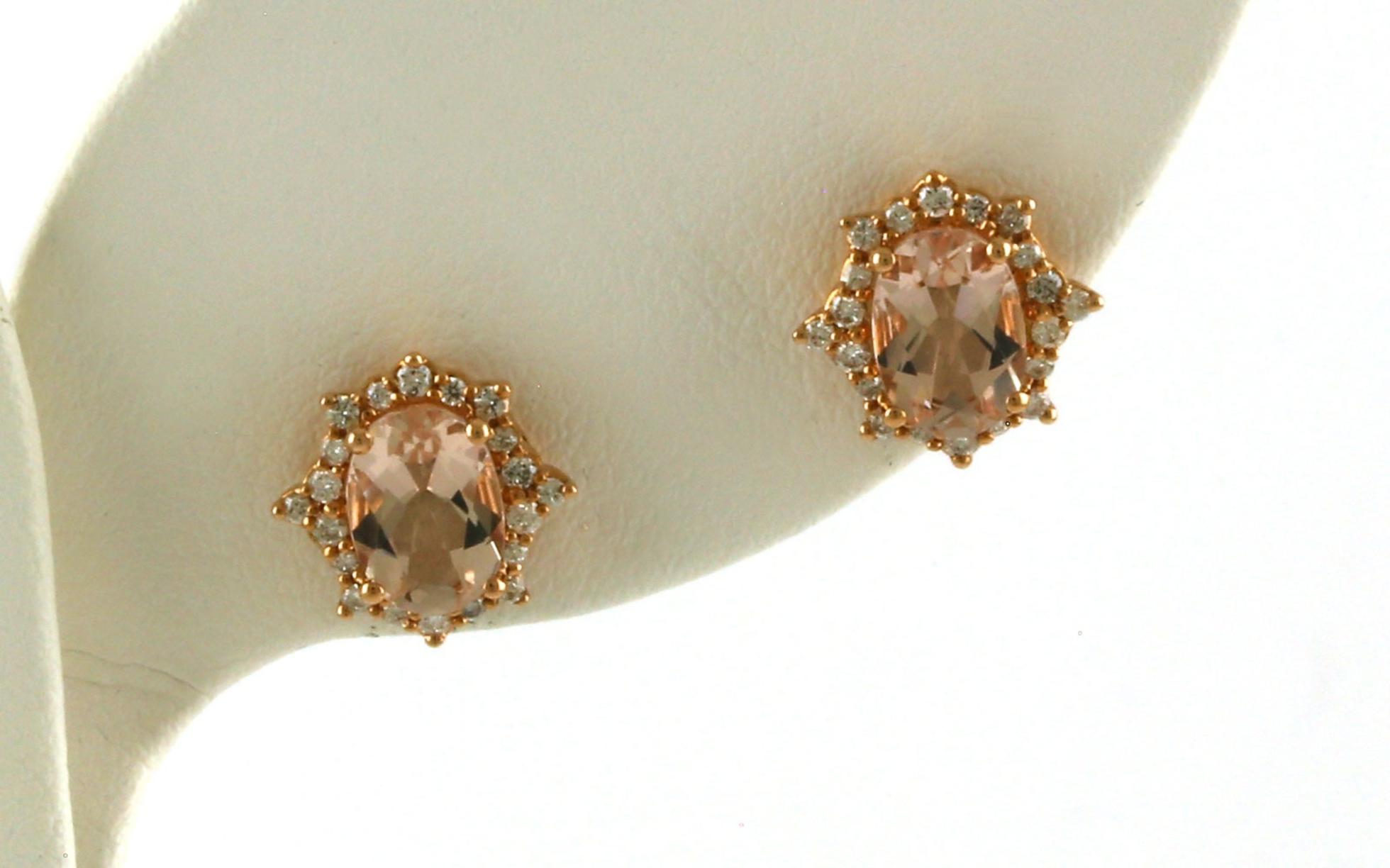 Fancy Oval Halo Morganite Stud Earrings in Rose Gold (1.62cts TWT)