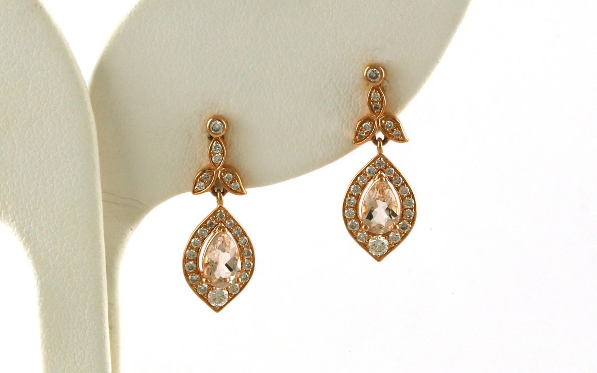 Vintage-style Leafy Drop Morganite with Diamond Halo Stud Earrings in Rose Gold (1.16cts TWT)