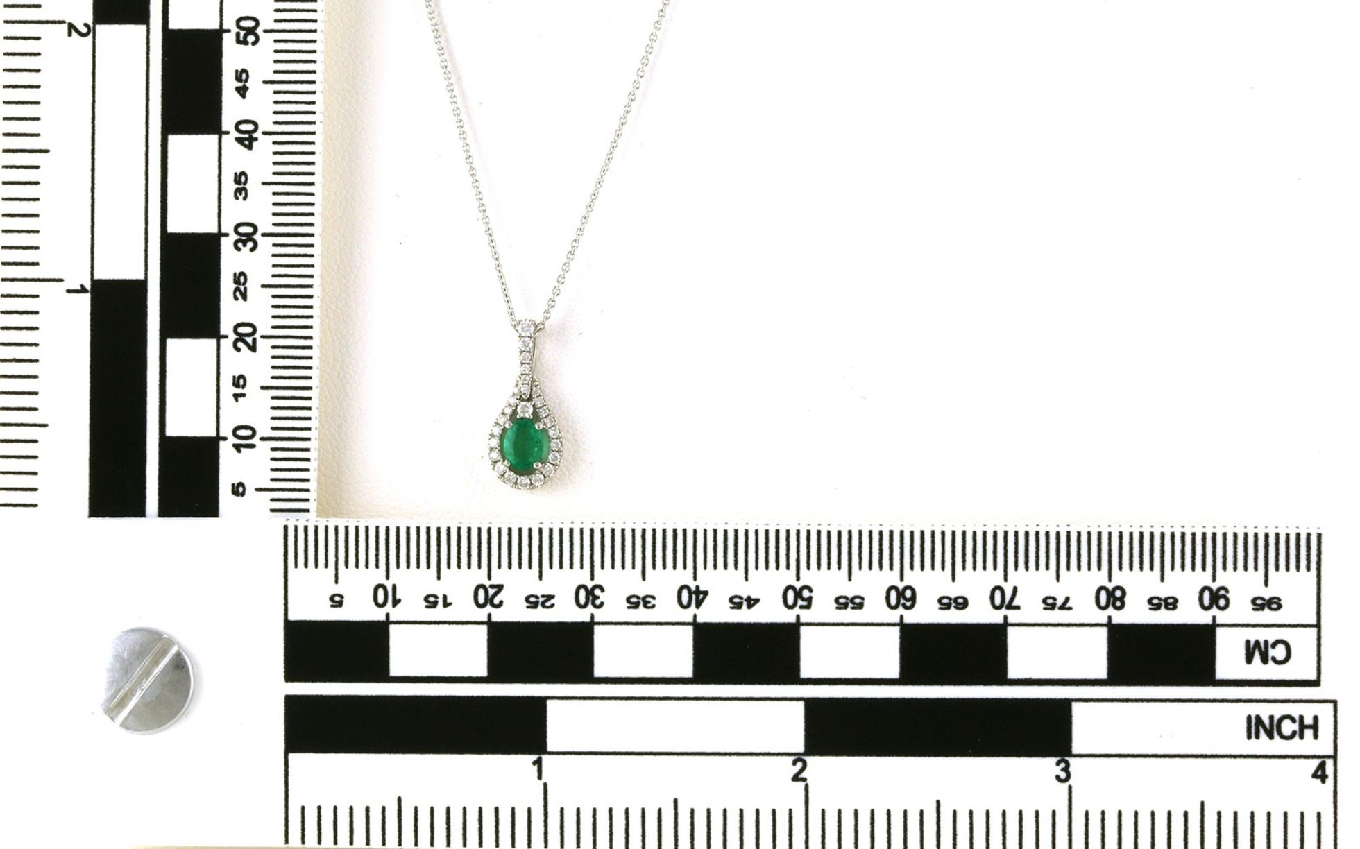 Oval Diamond Halo Emerald Drop Necklace in White Gold (0.50cts TWT) Scale