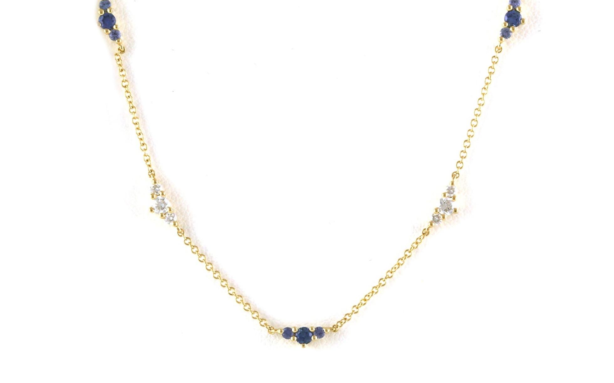 3-Stone Cluster Montana Yogo Sapphire and Diamond Station Necklace in Yellow Gold (0.58cts TWT)