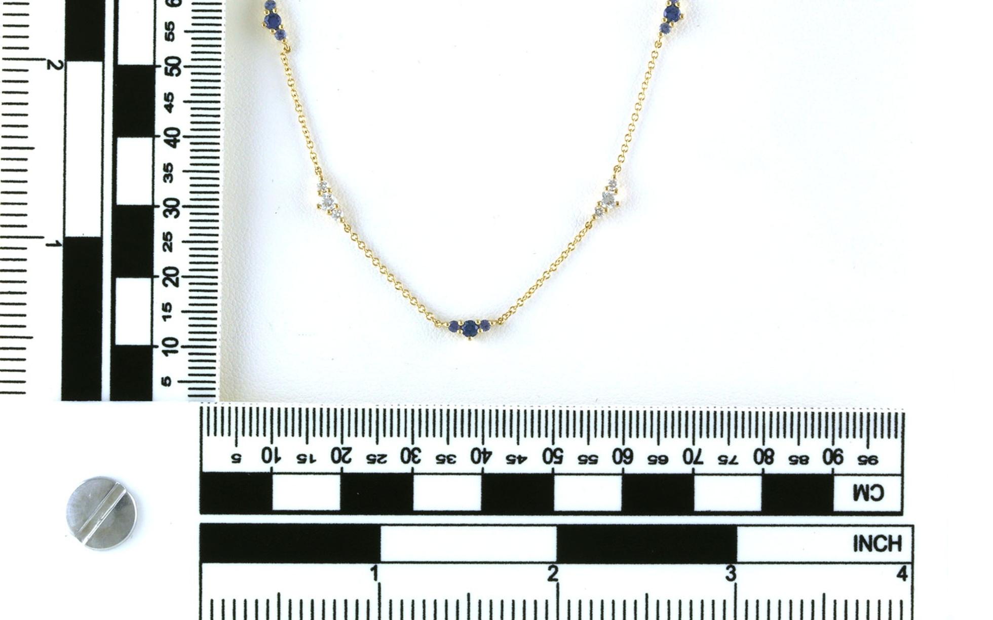 3-Stone Cluster Montana Yogo Sapphire and Diamond Station Necklace in Yellow Gold (0.58cts TWT) Scale