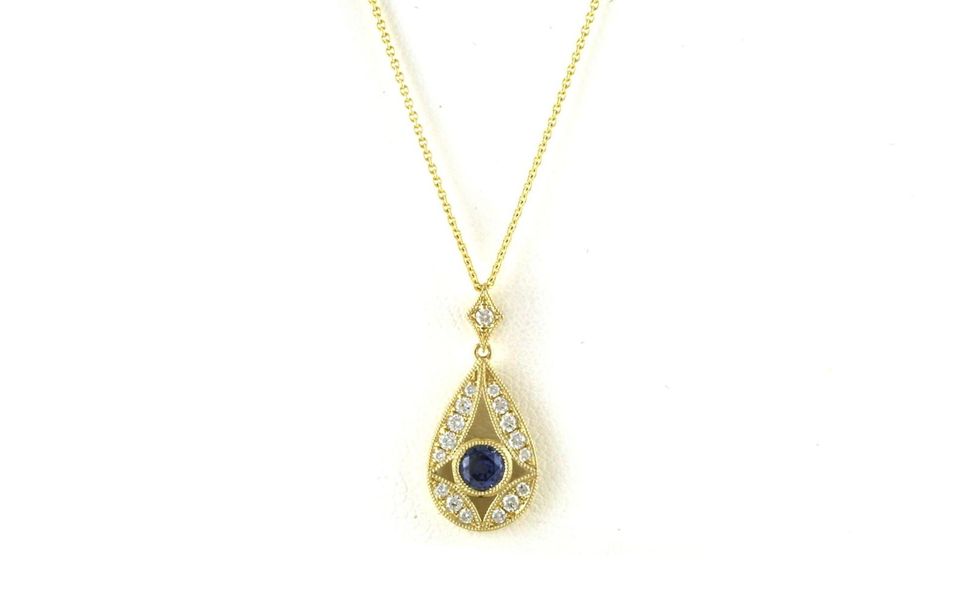 Milgrain Art Deco Style Diamond Halo Montana Yogo Sapphire Necklace in Yellow Gold (0.46cts TWT)