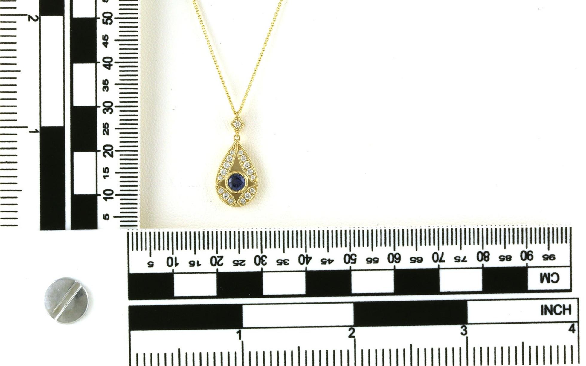 Milgrain Art Deco Style Diamond Halo Montana Yogo Sapphire Necklace in Yellow Gold (0.46cts TWT) Scale