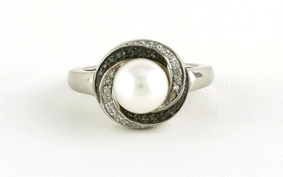 Spiral Halo-style Pearl and Black and White Diamond Ring in Sterling Silver (0.20cts TWT)