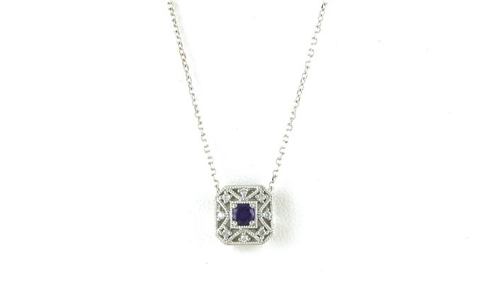 content/products/Square Filigree Halo Huckleberry Yogo Sapphire and Diamond Necklace in White Gold (0.22cts TWT)