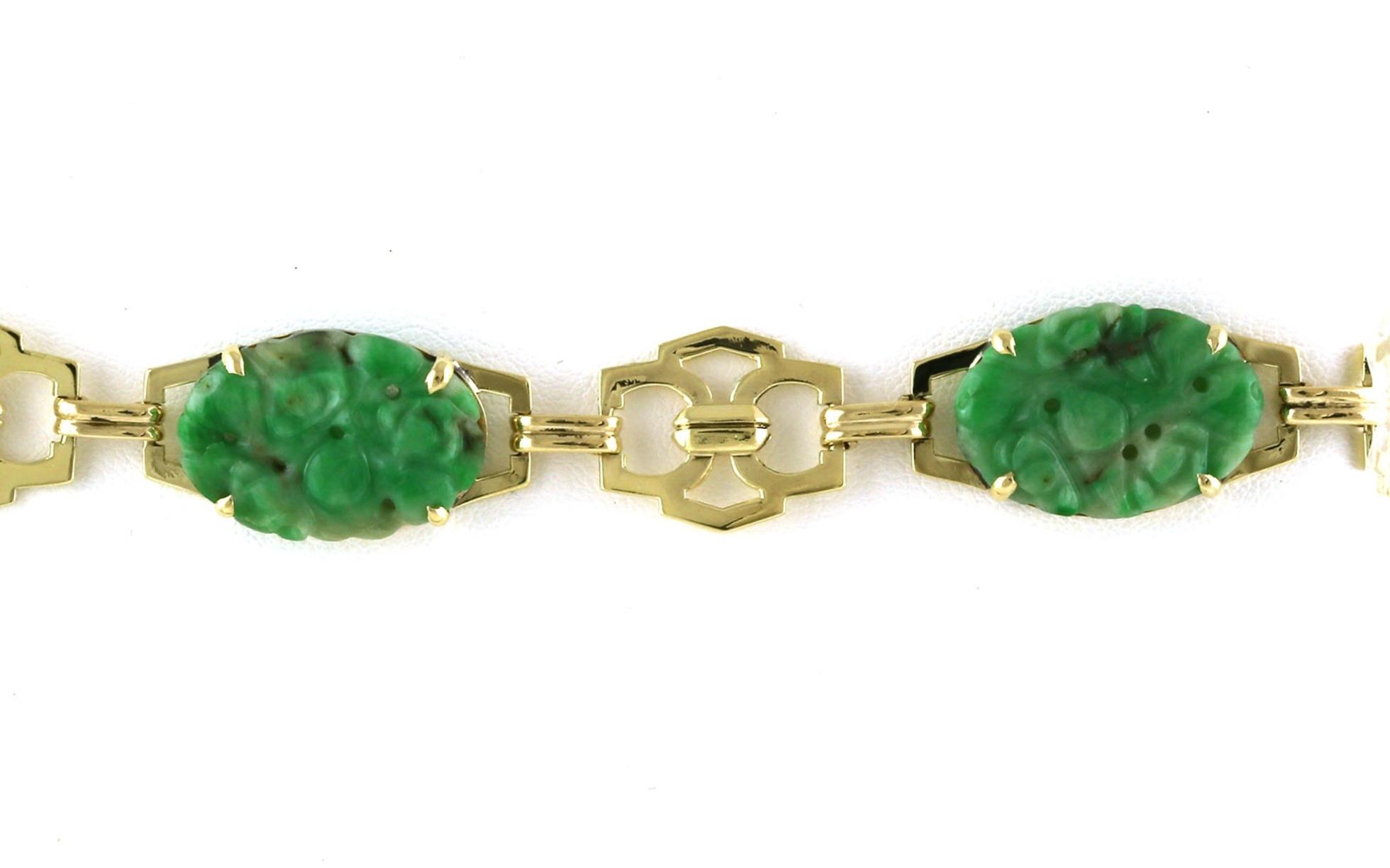 Estate Piece: Alternating Carved Jade and Gold Link Bracelet in Yellow Gold