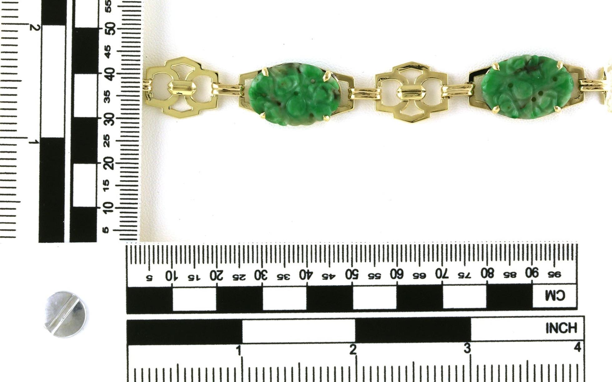 Estate Piece: Alternating Carved Jade and Gold Link Bracelet in Yellow Gold scale