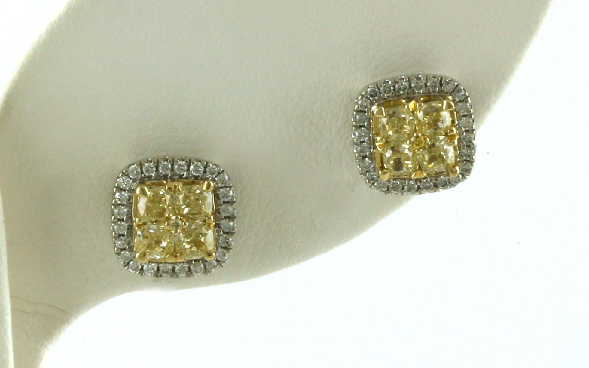 Estate Piece: Halo-style Yellow and White Diamond Cluster Stud Earrings in Two-tone Yellow and White Gold (1.23cts TWT)