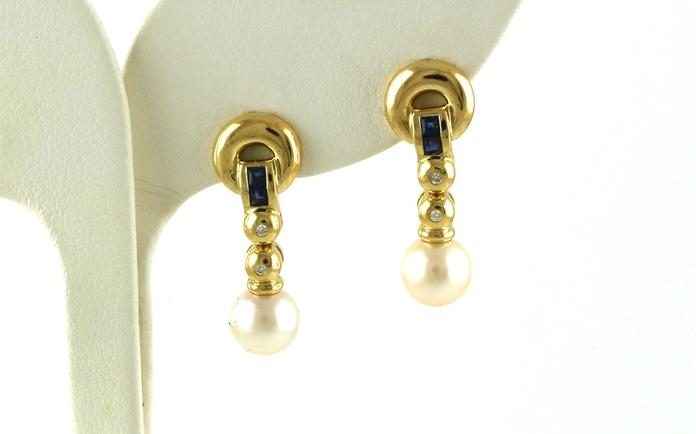 content/products/Estate Piece: Loop Drop Pearl  Sapphire and Diamond Dangle Earrings in Yellow Gold