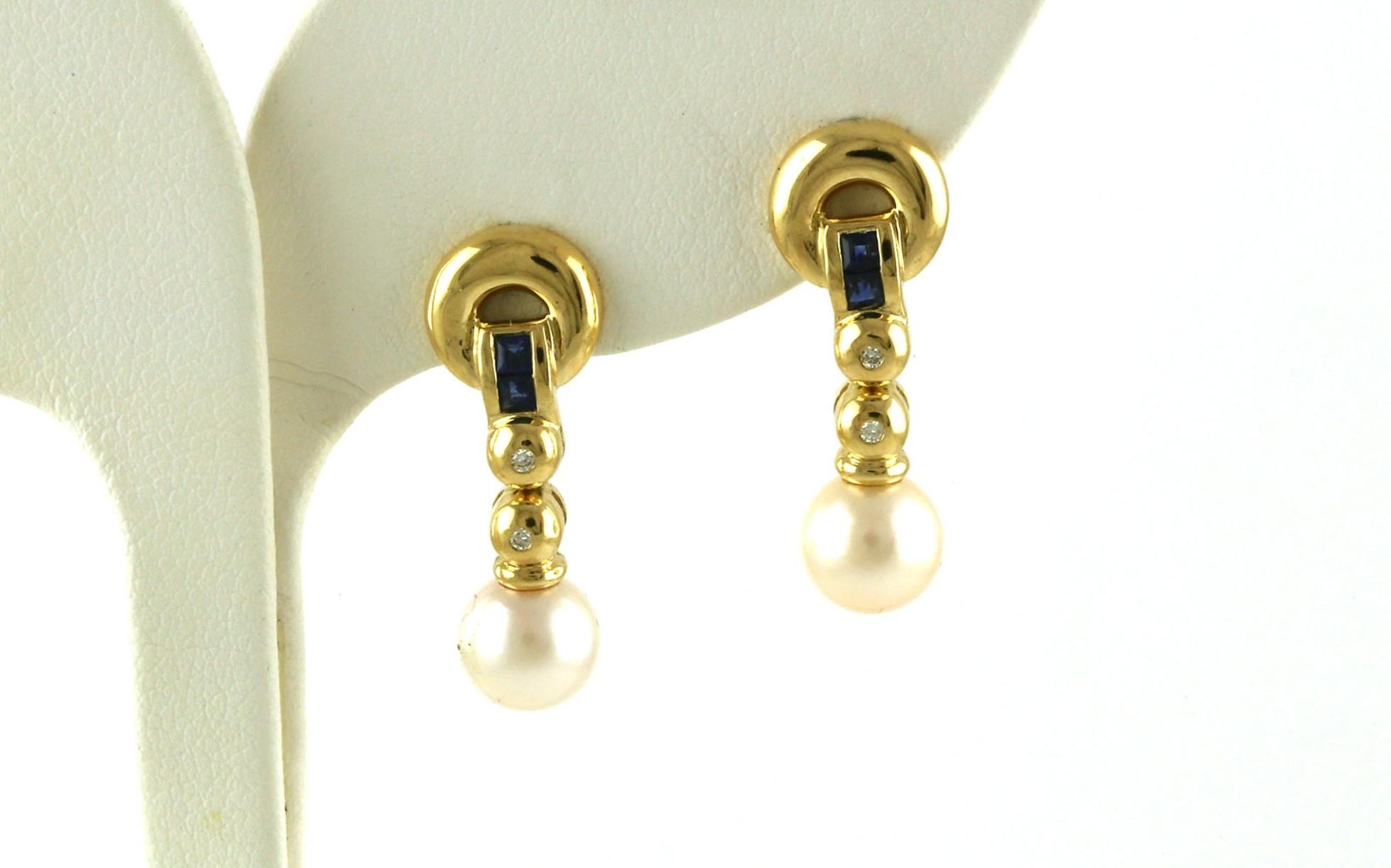 Estate Piece: Loop Drop Pearl  Sapphire and Diamond Dangle Earrings in Yellow Gold