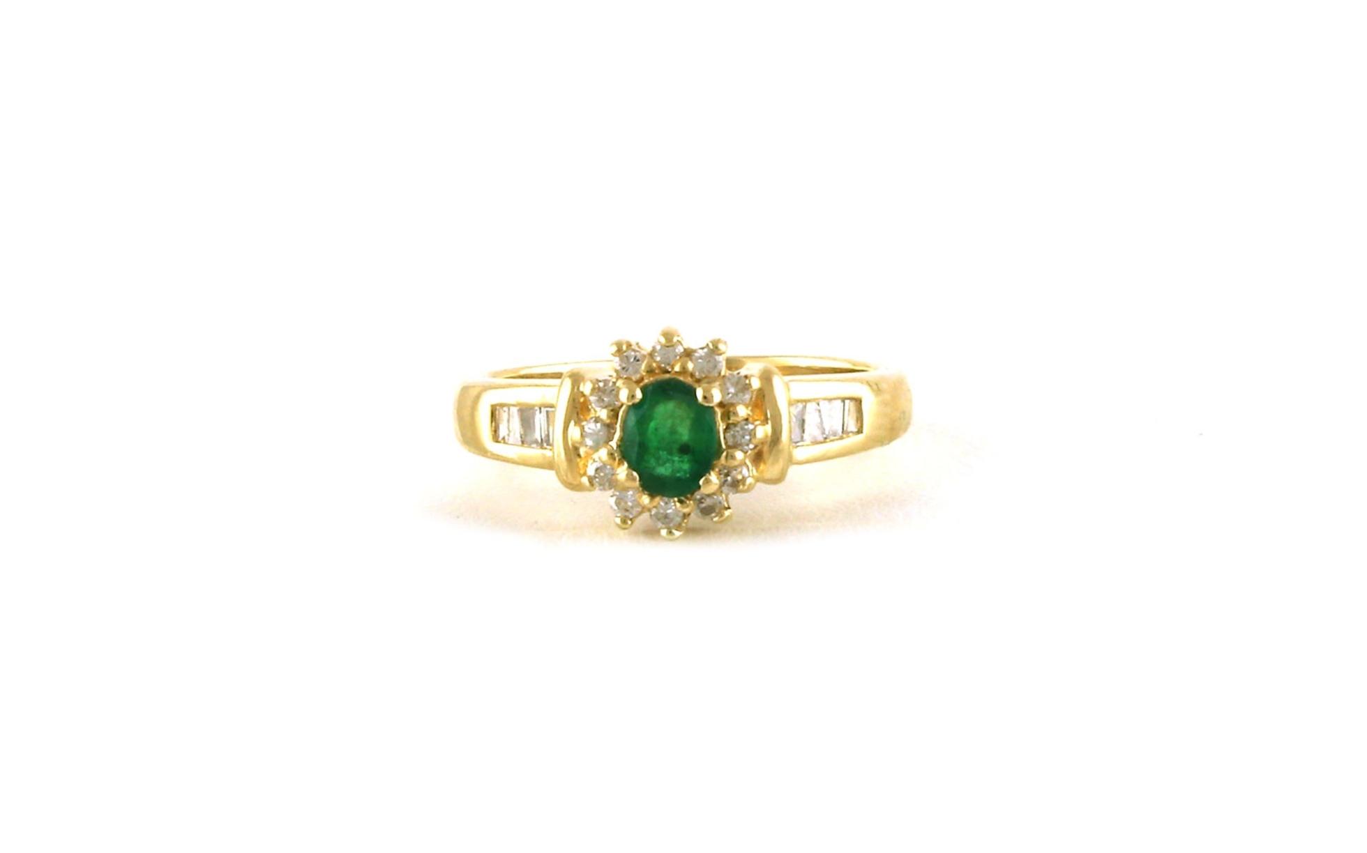 Estate Piece: Halo-style Oval-cut Emerald and Channel-set Diamond Ring in Yellow Gold (0.62cts TWT)