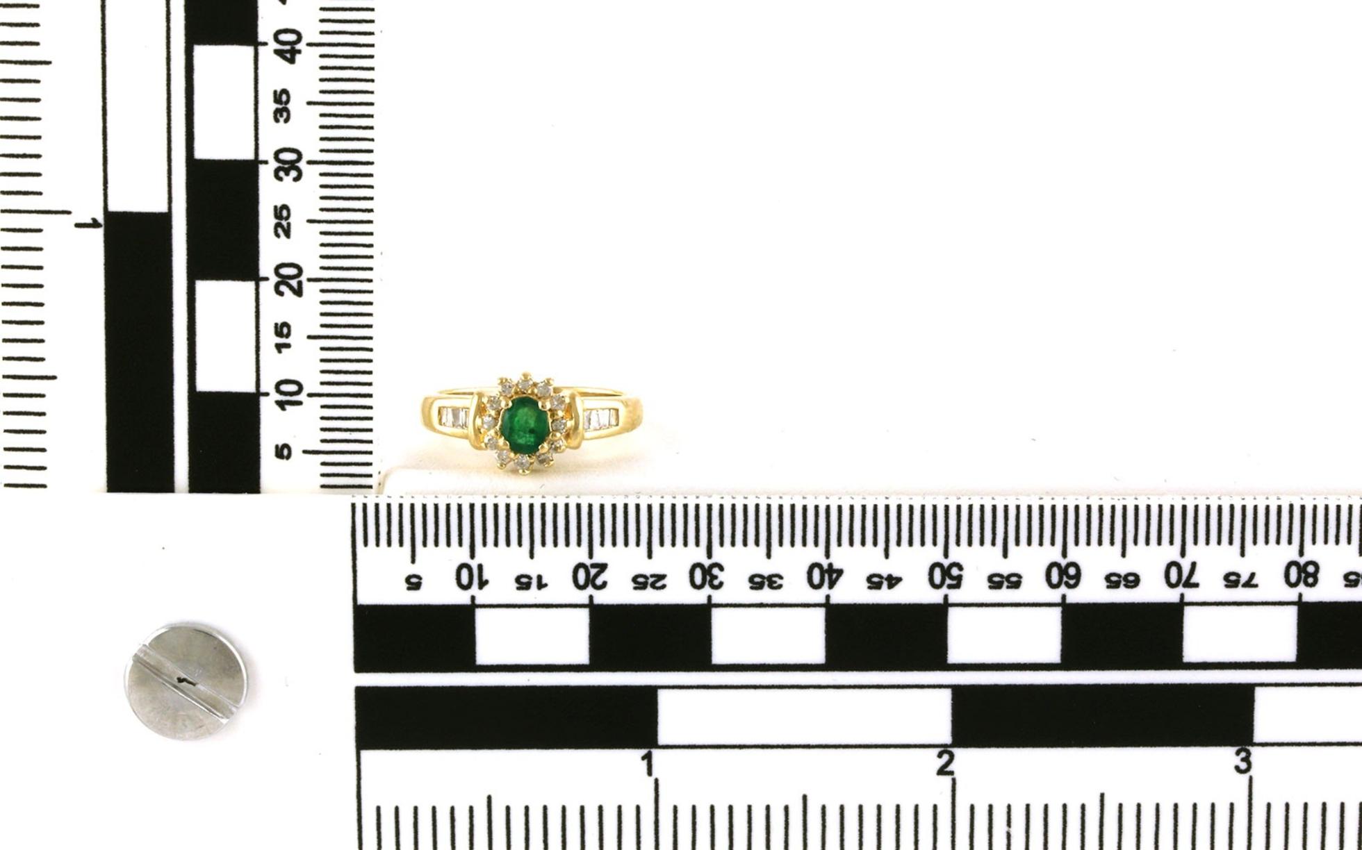 Estate Piece: Halo-style Oval-cut Emerald and Channel-set Diamond Ring in Yellow Gold (0.62cts TWT) scale