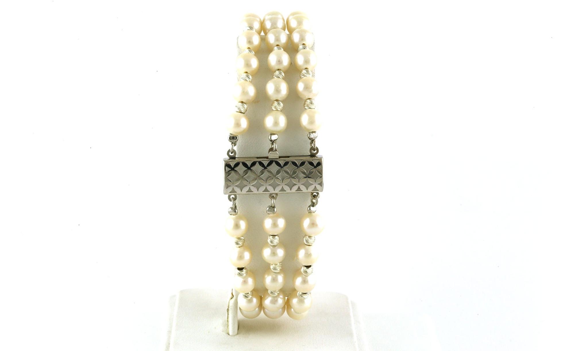 Triple Strand Alternating Sparkle Bead and Pearl Bracelet in Sterling Silver