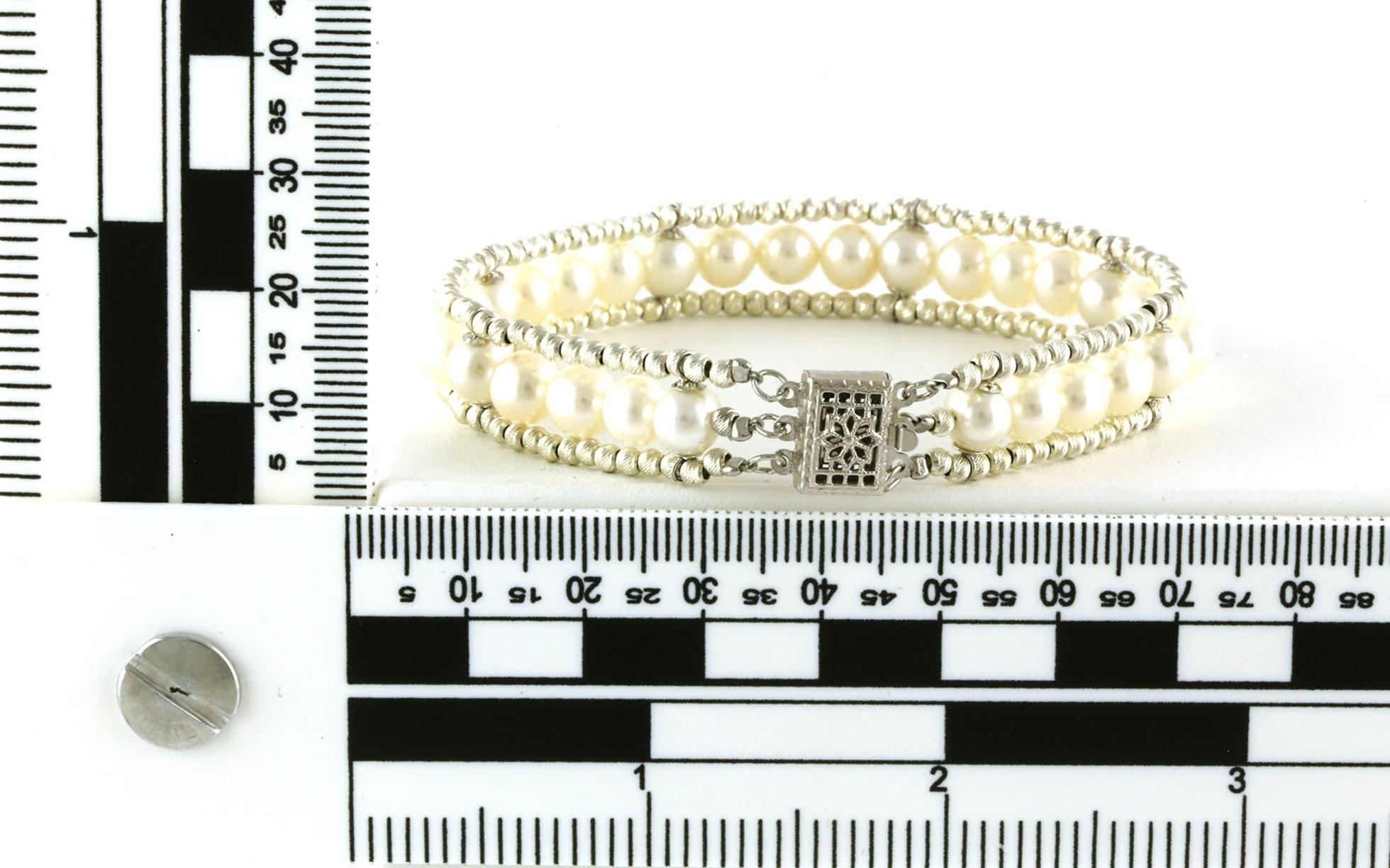 Triple Row Sparkle Bead and Pearl Bracelet in Sterling Silver  scale